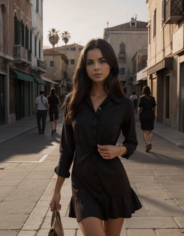 hyperrealism photography, e litrl, 30 years old, Cabello largo moreno, vestido largo negro ajustado, 64k, Obra maestra, sharp photo, Mirando al espectador, dark brown hair, sosteniendo una bolsa Dior, con camisa ajustada, Venice beach street behind her, Los Angeles behind, Long dark brown hair, cuerpo perfecto, Modelo que busca, Realistic photo of a girl, vistiendo un vestido largo y ajustado negro, oscuro afuera, Just after sunset, keeping her hands behind her,