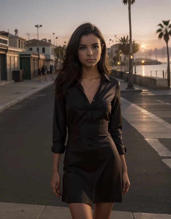 hyperrealism photography, e litrl, 30 years old, Cabello largo moreno, vestido largo negro ajustado, 64k, Obra maestra, sharp photo, Mirando al espectador, dark brown hair, sosteniendo una bolsa Dior, con camisa ajustada, Venice beach street behind her, Los Angeles behind, Long dark brown hair, cuerpo perfecto, Modelo que busca, Realistic photo of a girl, vistiendo un vestido largo y ajustado negro, oscuro afuera, Just after sunset, keeping her hands behind her,
