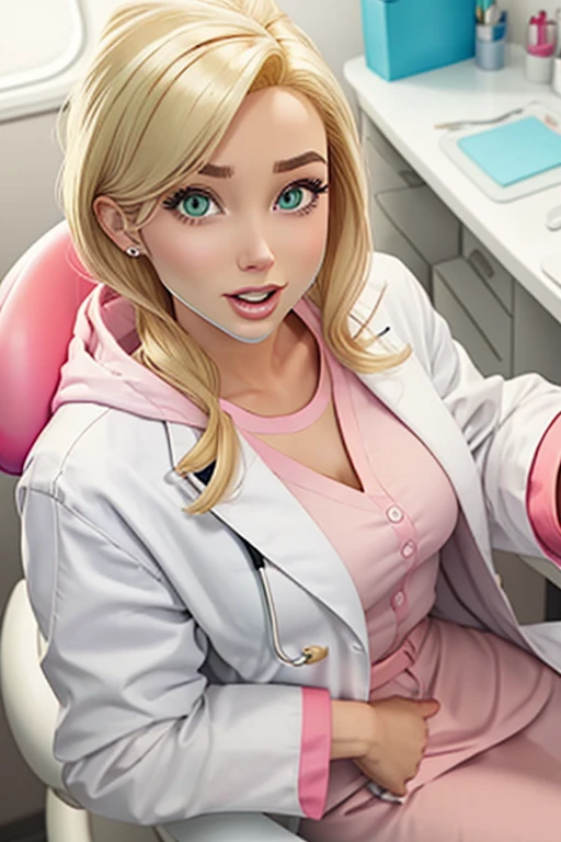 Disney Pixar cartoon character blonde dentist green eyes white coat in dental office pink chair