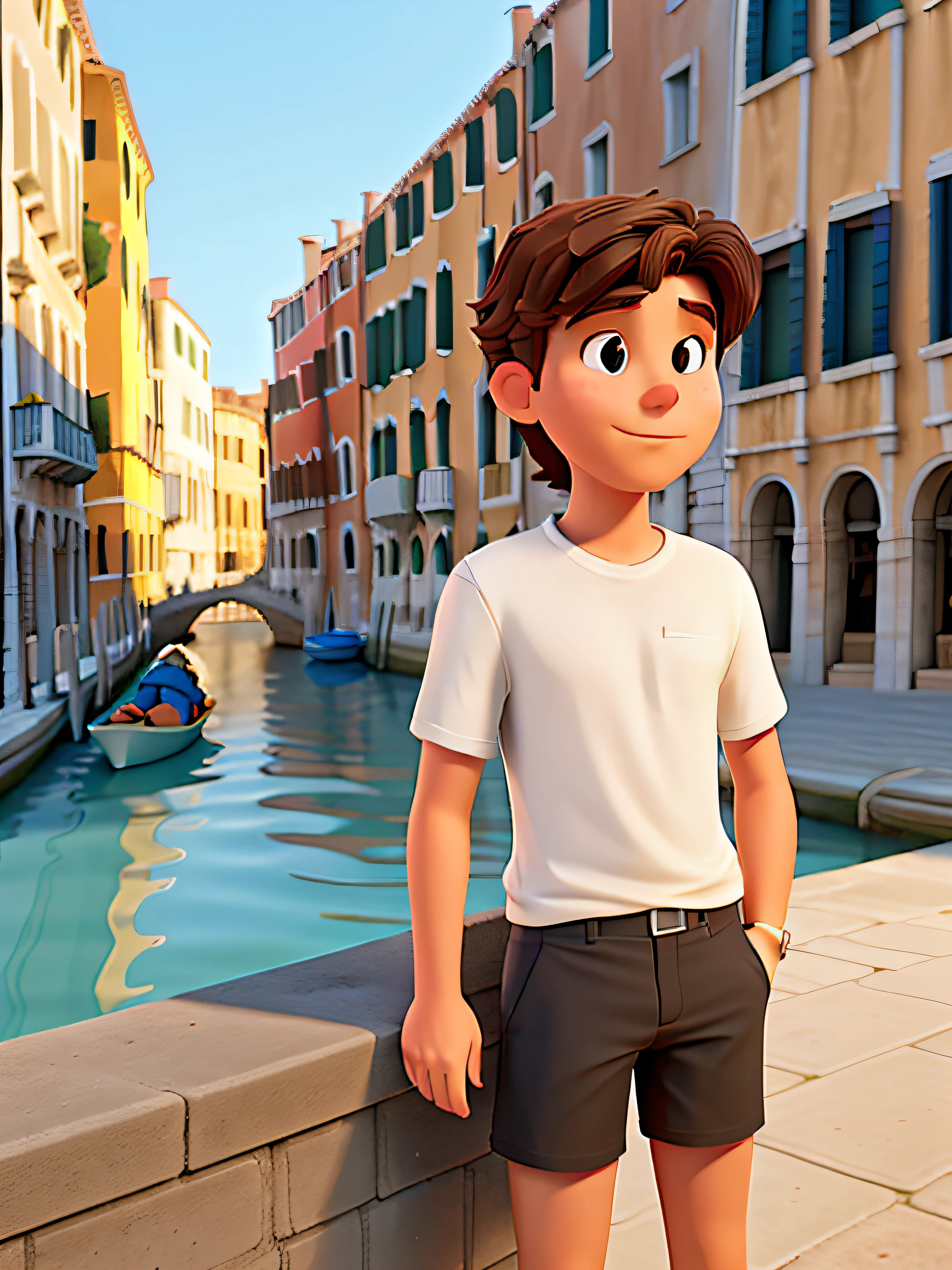 white shirt, black shorts, bright brown hair, nice afternoon lighting, in venice, man leaning on a wall in front of a canal, with a city in the background, leaning on the wall, city in the background, nice afternoon lighting