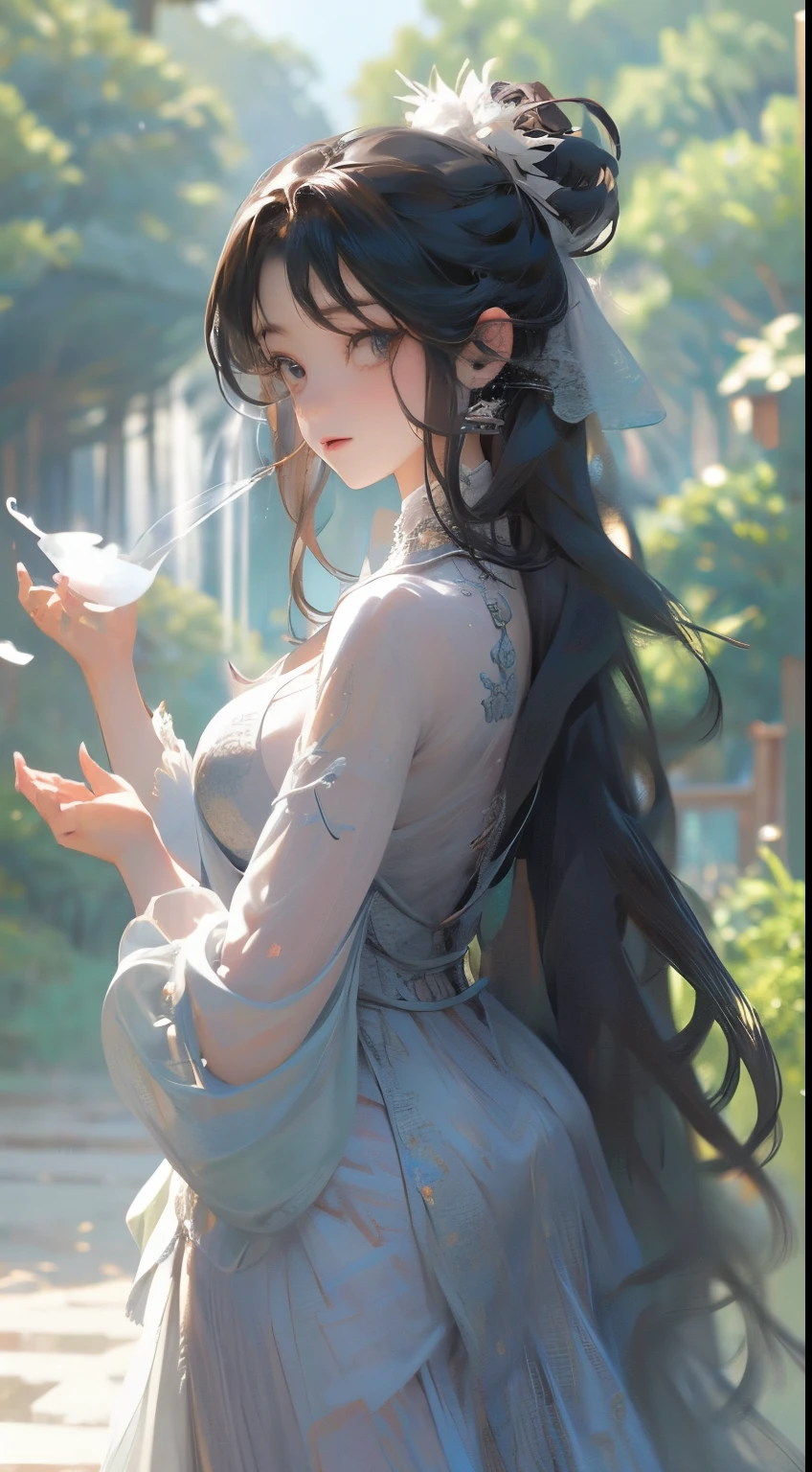 Estilo anime, amanhecer, Forest with trees, waterfall, alguma pedra, Rochas, casa colonial,  with robotic beauty cyborg adult woman, corpo escultural, Forma perfeita, wearing transparent holographic dress drinking tea