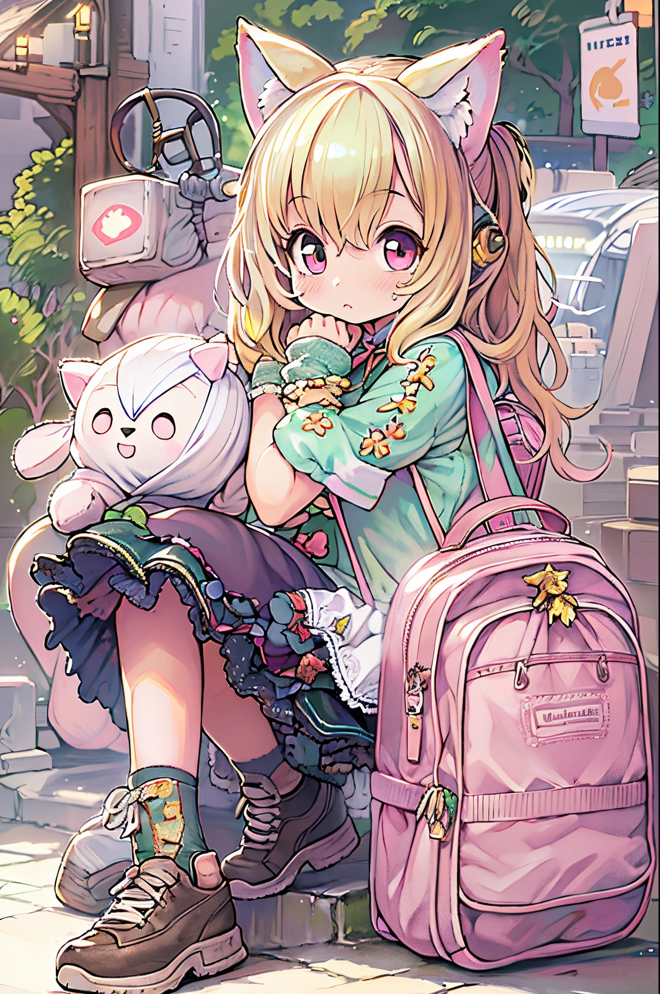 Superb Detail, 8k Photos, Hyper-Realism, Professional Light, Realistic background, Visual depth, Background bokeh, wide-angle lens, Full body, (13 years old, Cute, Lori, flat chest, Cat ears), 1girl in, Colored eyes, Blonde hair, (Lolita Fashion: 1.5), (Lace, frill shirt, White Petticoat, sneakers), (plushies), Cute pink backpack, Street, Fashion