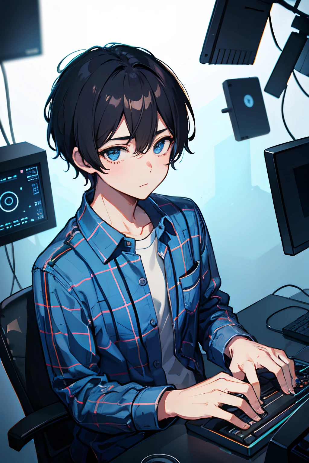 16k,quadratic element,innocent boy,Blue plaid shirt,Programmer characteristics,Deep eyes