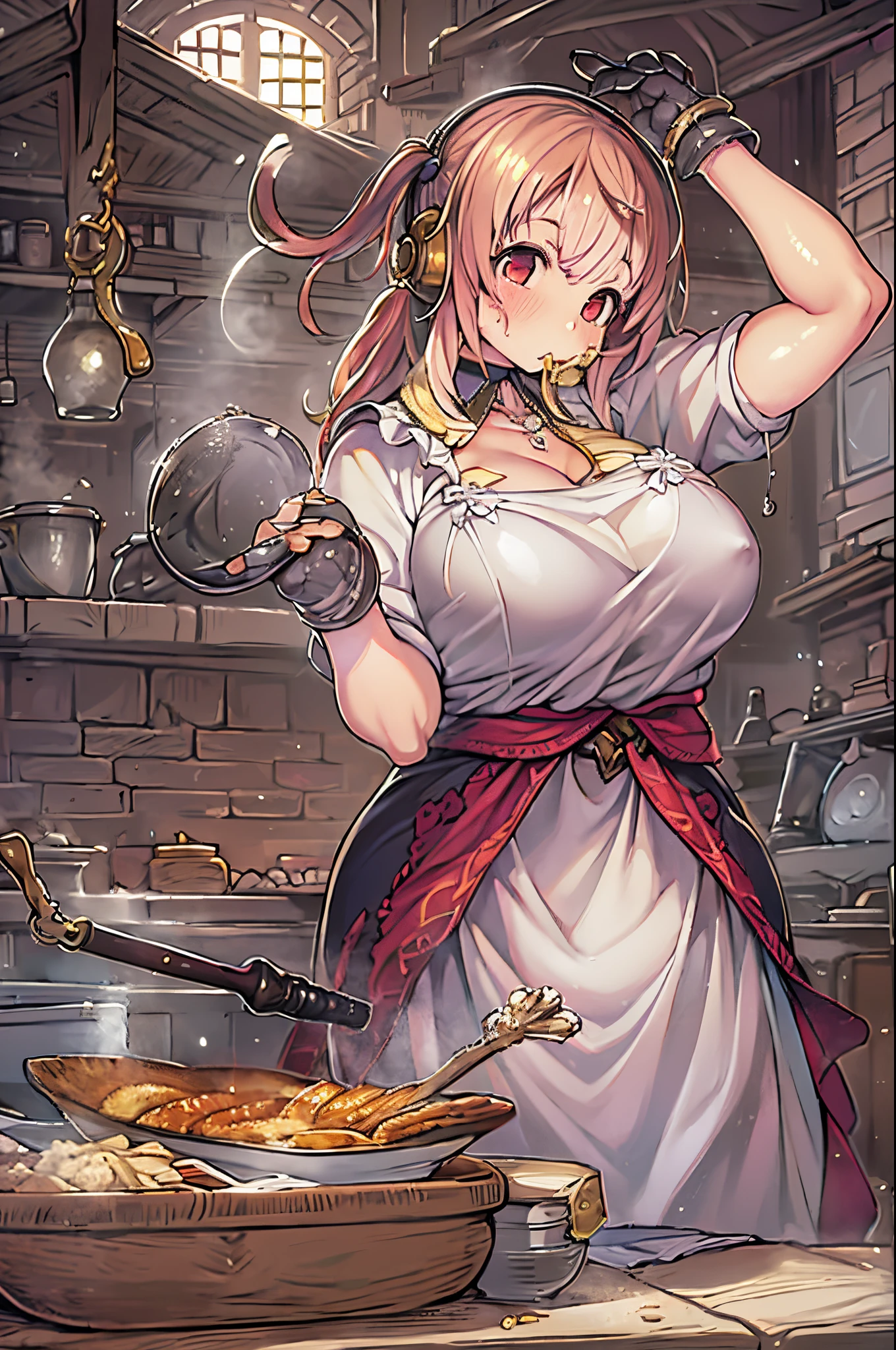 WRC style, Woman, lewd pose, The appearance of a seductive appearance, Apron, kitchin, medieval setting、bbw