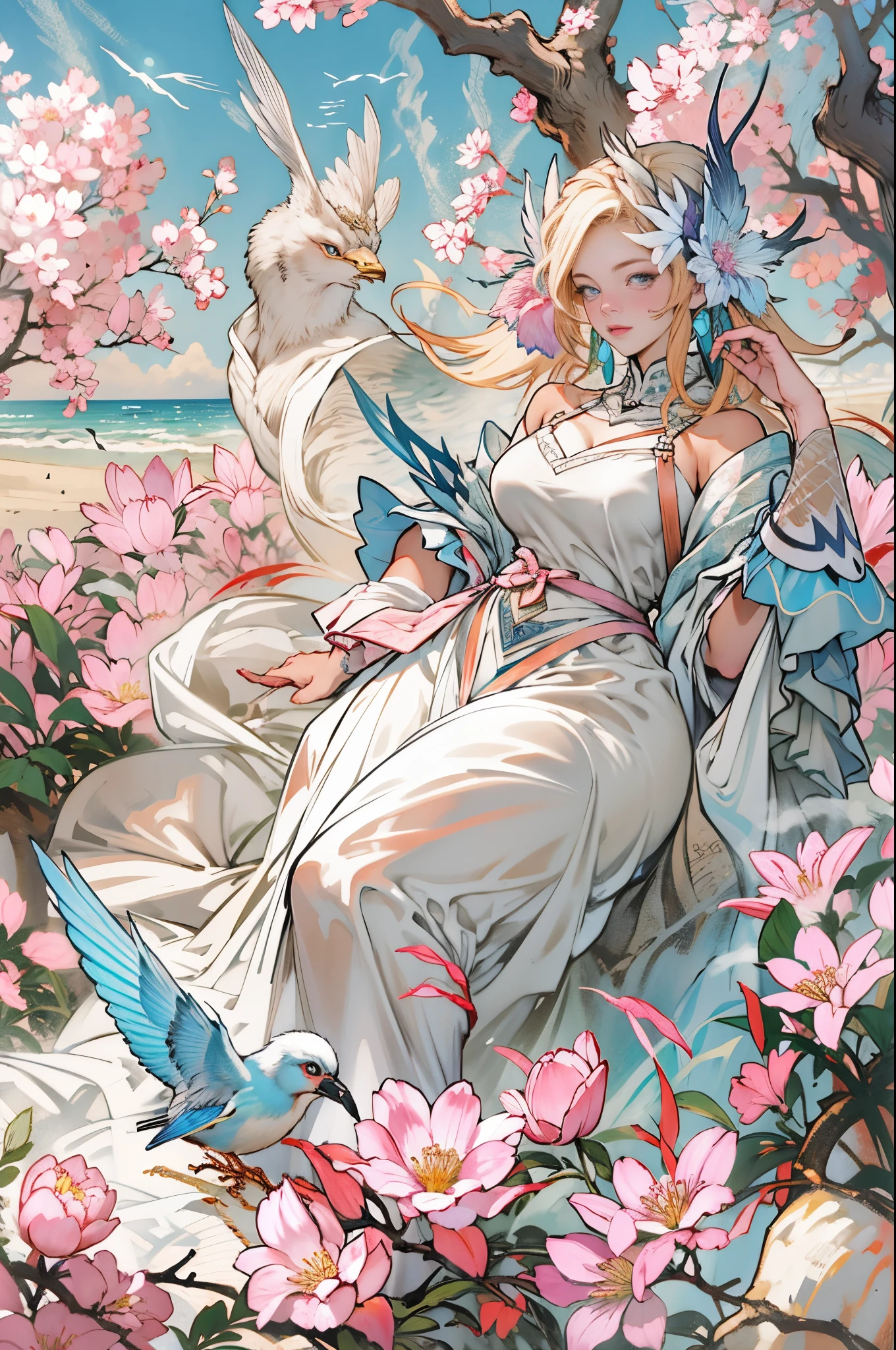 (need,tmasterpiece),1个Giant Breast Girl,lewd poses,Particle,ventania,Flowers,upper part of body,simplebackground,looking at viewert,Focus on the face,blonde with blue eyes,standing back,Repeat rate,Correct anatomy,详细的脸, 詳細な目,borgar, blossoms, delicate scene, Skysky, baiyun, The sun shines on the snow-white beach. birds, Pink flowers and bright large shells, Diamond crystals, On the sandy beach, fanciful, nigh sky, themoon, smokes, firey, photore, k hd, 8K, hyper HD, super detailing, high qulity,