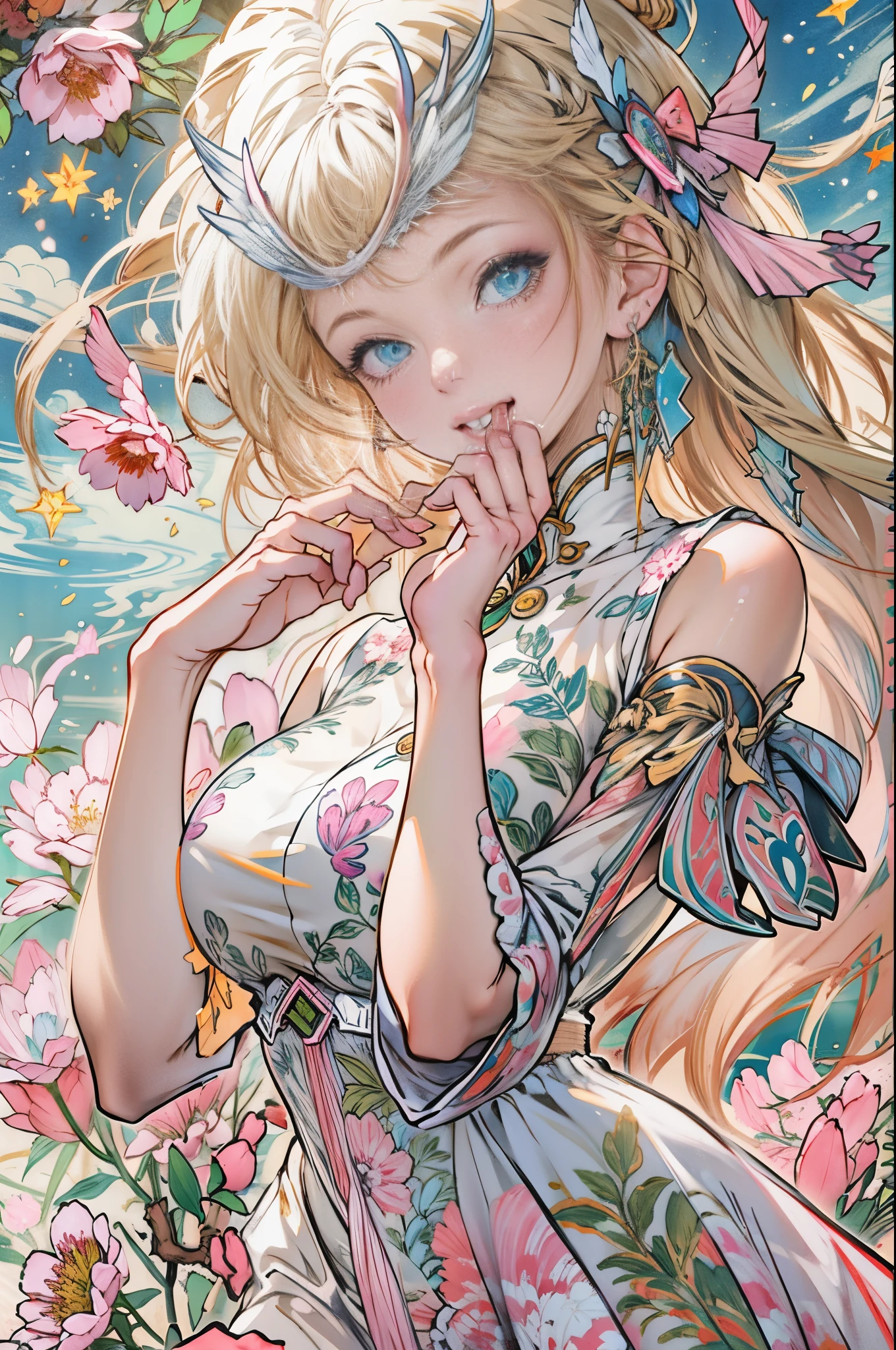（need，tmasterpiece），1个Giant Breast Girl，lewd poses，Particle，ventania，Flowers，upper part of body，simplebackground，looking at viewert，Focus on the face，blonde with blue eyes，standing back，Repeat rate，Correct anatomy，详细的脸, 詳細な目，borgar, blossoms, delicate scene, Skysky, baiyun, The sun shines on the snow-white beach. birds, Pink flowers and bright large shells, Diamond crystals, On the sandy beach, fanciful, nigh sky, themoon, smokes, firey, photore, k hd, 8K, hyper HD, super detailing, high qulity,