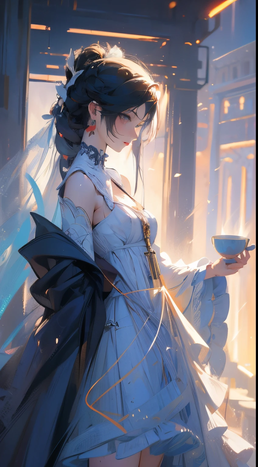 Estilo anime, amanhecer, Forest with trees, waterfall, alguma pedra, Rochas, casa colonial,  with robotic beauty cyborg adult woman, corpo escultural, Forma perfeita, wearing transparent holographic dress drinking tea