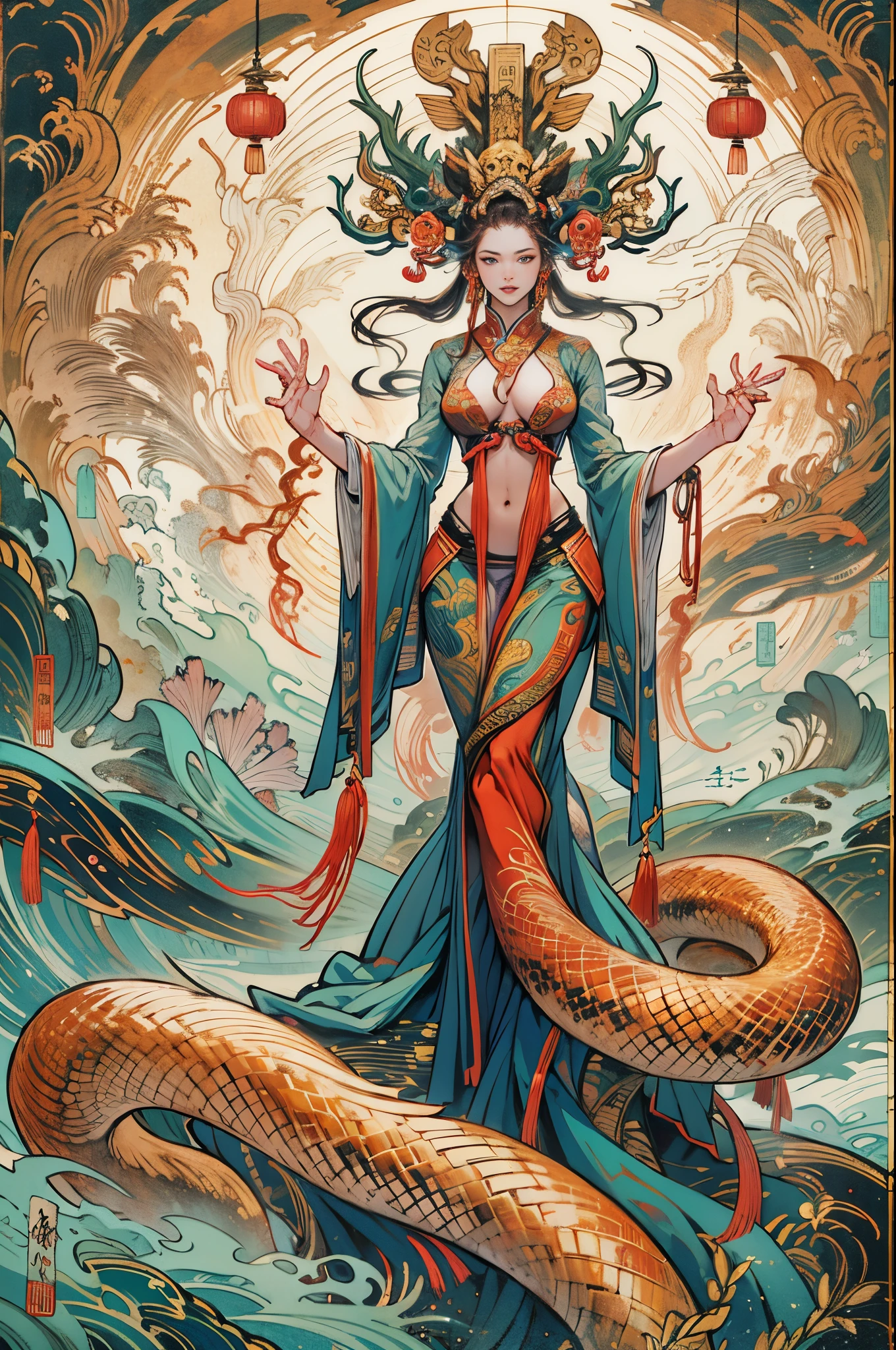 Depicts the ancient goddess of creation，Nuwa is the creation goddess in Chinese mythology（snake tail：1.6）。This is a great goddess image handed down from the matrilineal clan period in primitive society.。Deep background，hoang lap，marvelous and unbelievable，Epic work，(Complicated details，hyper-detailing:1.2)，ultra real photo, Epic reality, ((com cores neutras)),(pastel colour:1.2), hyper realisitc, + Cinema lenses + dynamic compositions, The is very detailed, Sharpen, Cinematic, warmly lit, Light effect, Dramatic light, (Complicated details:1.1), the complex background, (greg rutkovsky:0.8),Full body photo，Fly in the sky，big goddess avatar，Chinese mythology，