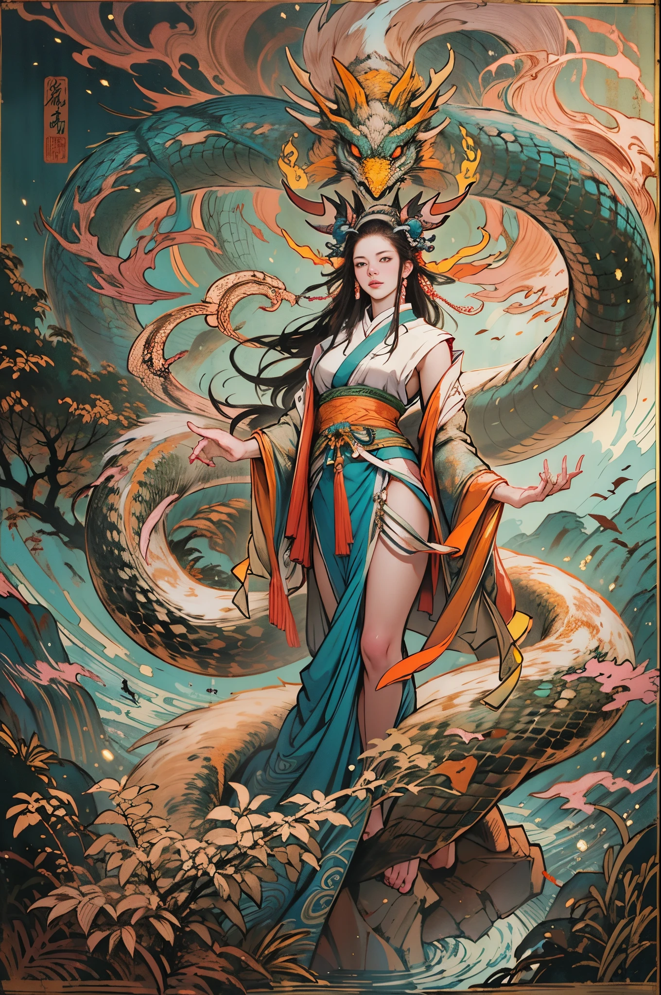 Depicts the ancient goddess of creation，Nuwa is the creation goddess in Chinese mythology（snake tail：1.6）。This is a great goddess image handed down from the matrilineal clan period in primitive society.。Deep background，hoang lap，marvelous and unbelievable，Epic work，(Complicated details，hyper-detailing:1.2)，ultra real photo, Epic reality, ((com cores neutras)),(pastel colour:1.2), hyper realisitc, + Cinema lenses + dynamic compositions, The is very detailed, Sharpen, Cinematic, warmly lit, Light effect, Dramatic light, (Complicated details:1.1), the complex background, (greg rutkovsky:0.8),Full body photo，Fly in the sky，big goddess avatar，Chinese mythology，