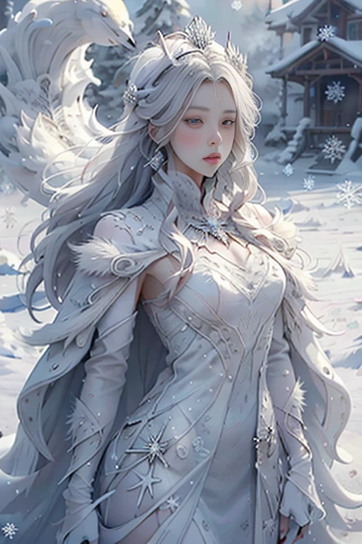 accurate drawing, female, the body, sun light, shaved open pubis, haircut white hairs, a lot of snowflakes, in the snow ice crystalls, super detailed, anatomically correct, masterpiece composition, , face perfect cute woman sweet beautifull, wearing white fur cloak, thick white vapor fog smoke clouds wind, white skin, bright pink blush, blizzard snowstorm, front view, fullbody, snowflakes crown, wearing crystal white transparent