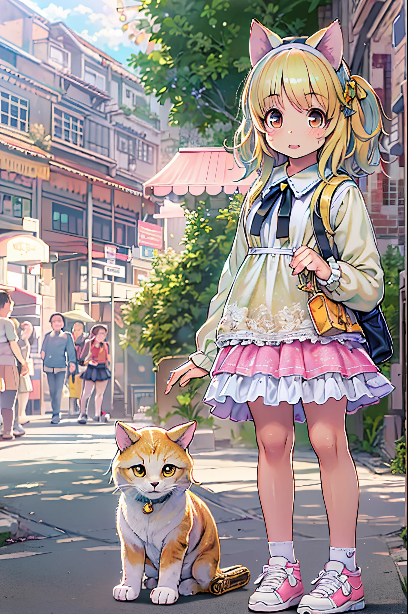 Superb Detail, 8k Photos, Hyper-Realism, Professional Light, Realistic background, Visual depth, Background bokeh, wide-angle lens, Full body, (, Cute, Lori, flat chest, Cat ears), 1girl in, Colored eyes, Blonde hair, (Lolita Fashion: 1.5), (Lace, frill shirt, White Petticoat, sneakers), (plushies), Cute pink backpack, Street, Fashion