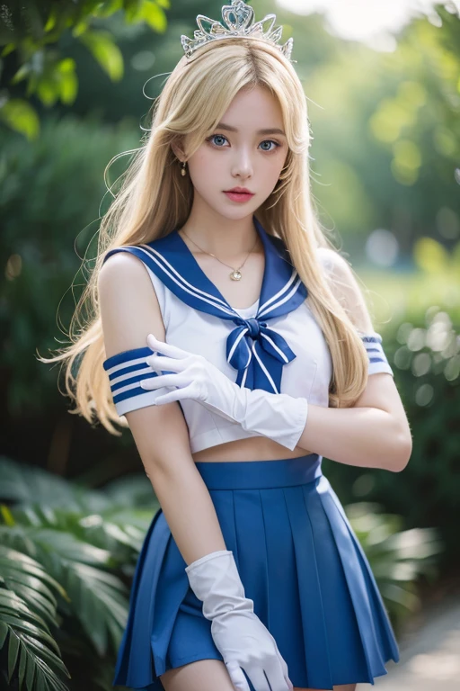 tmasterpiece, Best quality at best, A high resolution, 1 girl, Alone, sailor warrior uniform, Month, 90s of the 20th century \(styled\), Blonde hair, magical little girl, eBlue eyes, blue skirts, elbow length gloves, tiara crown, pleatedskirt , blue sailor necklace, mini-skirts, Collar, Blue collar, whitegloves, Very long hair, jewely, 耳Nipple Ring,Real Human