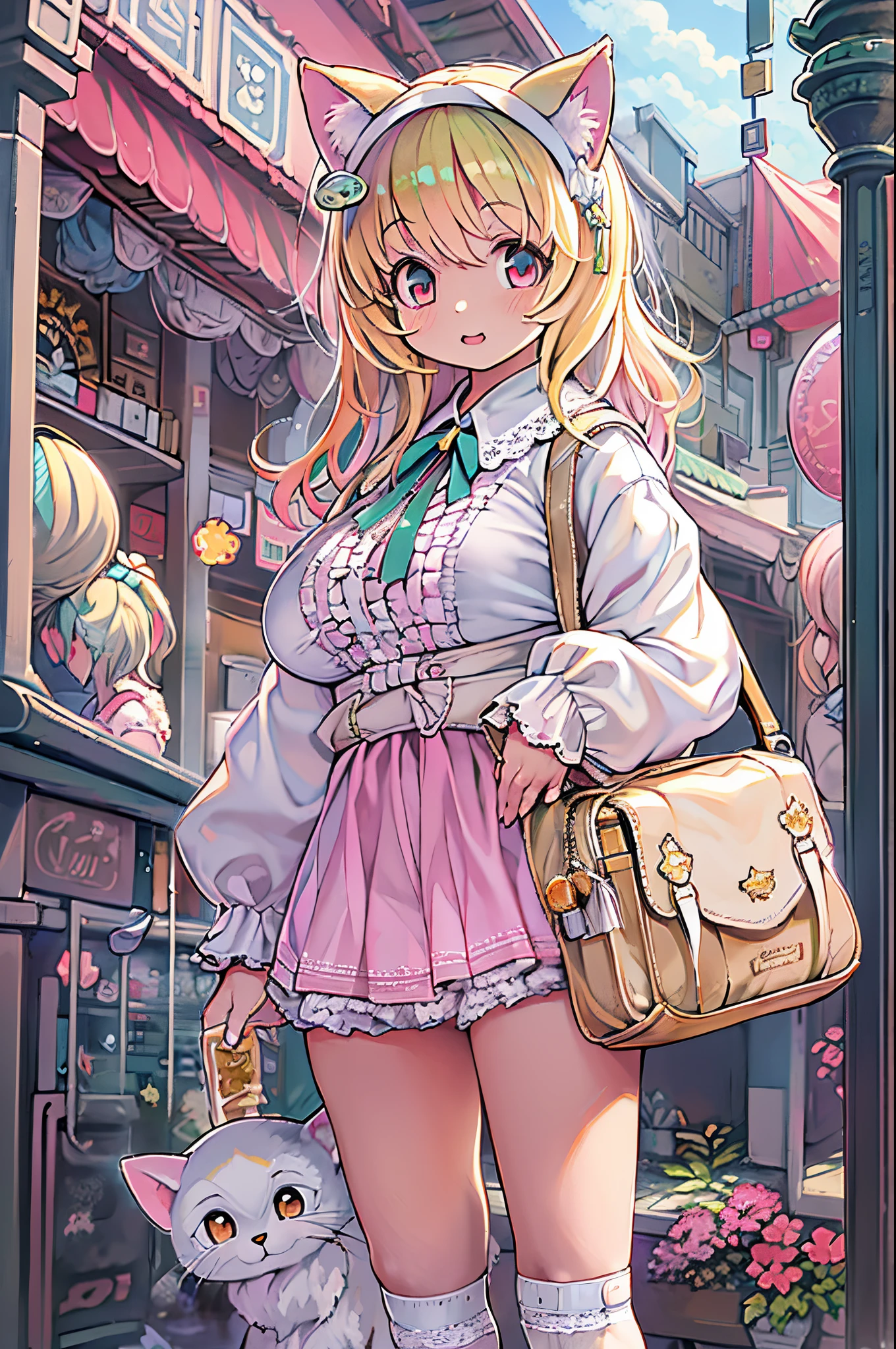 Superb Detail, 8k Photos, Hyper-Realism, Professional Light, Realistic background, Visual depth, Background bokeh, wide-angle lens, Full body, (13 years old, Cute, Lori, flat chest, Cat ears), 1girl in, Colored eyes, Blonde hair, (Lolita Fashion: 1.5), (Lace, frill shirt, White Petticoat, sneakers), (plushies), Cute pink backpack, Street, Fashion