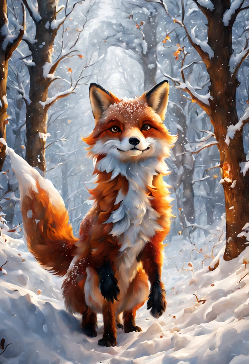 (snow art, snow theme:1.4), Children’s book illustration, fox in the woods, winter, surreal fantasy, whimsical, color palette of cognac, amber, oatmeal, (best composition), ultra-wide-angle, octane render, enhance, intricate, (best quality, masterpiece, Representative work, official art, Professional, unity 8k wallpaper:1.3)