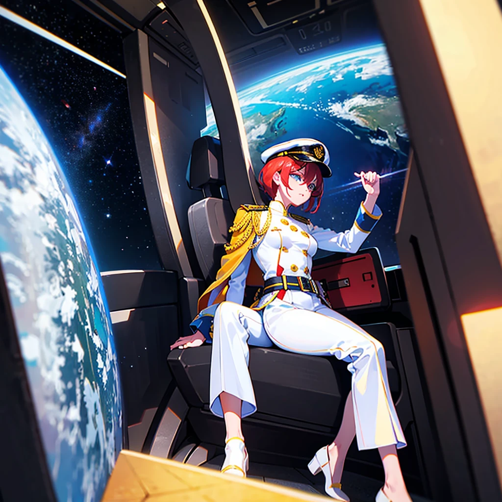 （（（​masterpiece）））、（（（Top image quality）））、（（（top-quality）））、（（（Illustration of one woman）））、full bodyesbian、Red-haired shorthair、（Thin hair hanging down both sides of the face）、Blue eyes、（（（neuter）））、（（Tall））、（（（Muscular and strong body）））、（（muscular and thick arms））、（（muscular and thick legs））、（（（manspreading）））、opening legs、（（Military uniforms））、（（Military Cap））、（（Military coat））、（white  clothes）、（White pants）、（White cap）、trench coat、（（Inside the spaceship、Sitting in the captain's seat））、（Outside the window、kosmos、Earth seen from space、Spaceport）