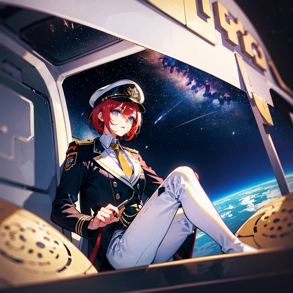 （（（​masterpiece）））、（（（Top image quality）））、（（（top-quality）））、（（（Illustration of one woman）））、full bodyesbian、Red-haired shorthair、（Thin hair hanging down both sides of the face）、Blue eyes、（（（neuter）））、（（Tall））、（（（Muscular and strong body）））、（（muscular and thick arms））、（（muscular and thick legs））、（（（manspreading）））、opening legs、（（Military uniforms））、（（Military Cap））、（（Military coat））、（white  clothes）、（White pants）、（White cap）、trench coat、（（Inside the spaceship、Sitting in the captain's seat））、（Outside the window、kosmos、Earth seen from space、Spaceport）