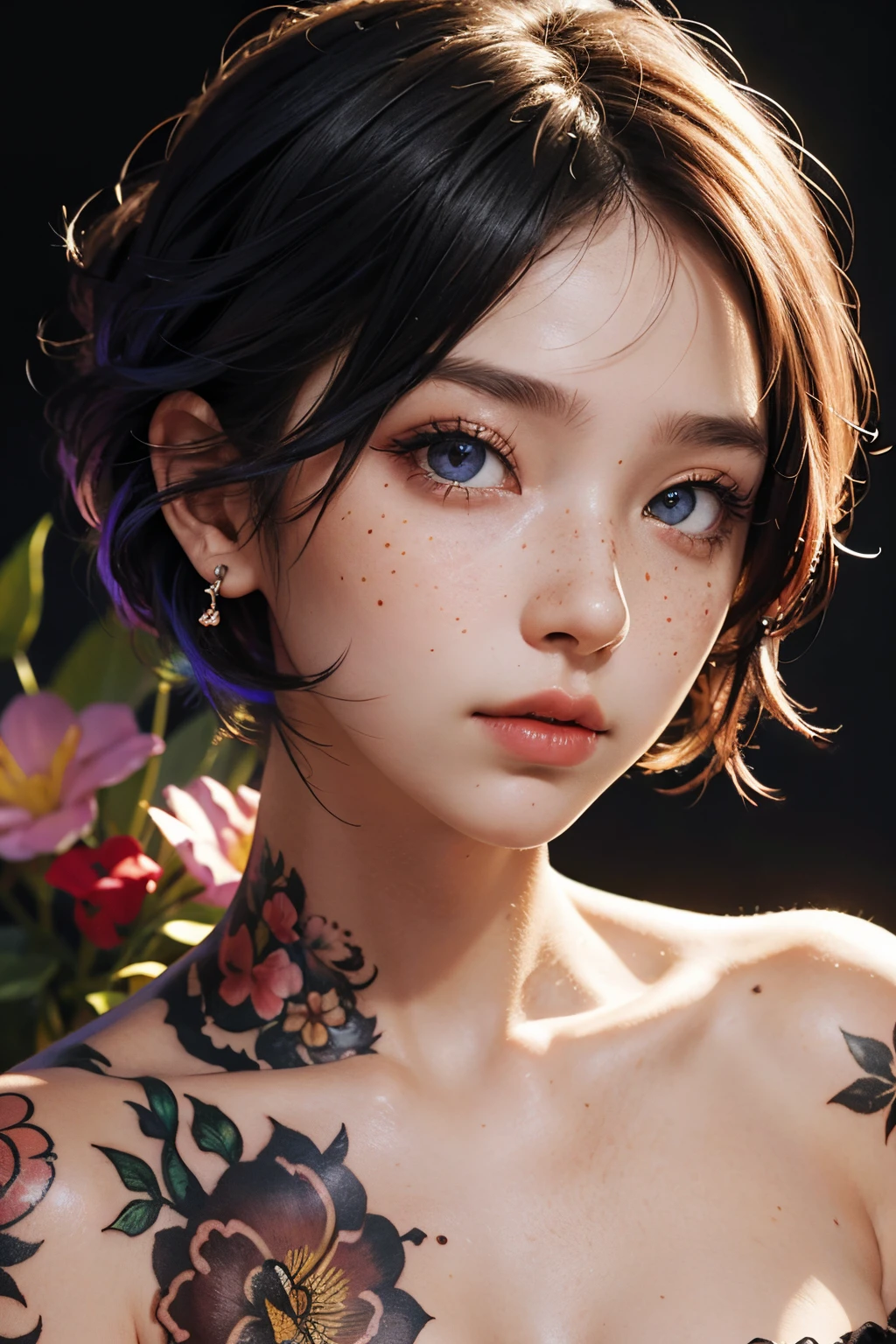 Girl with flower tattoo and piercing, close up:0.8, potrait, facelight, ultrasharp, (zentangled), off shoulder, short hair, colorful hair, colorful eyes, freckles:0.8,