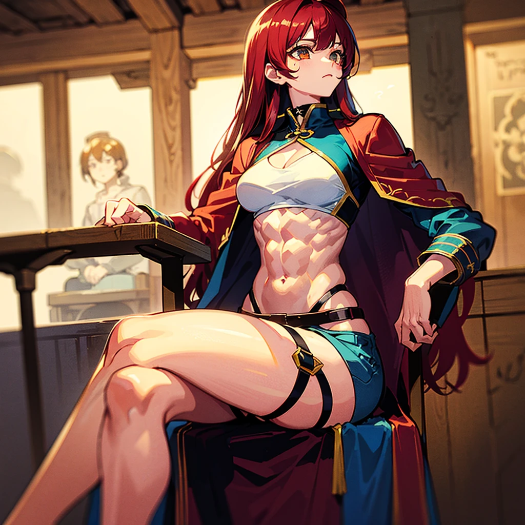 （（（​masterpiece）））、（（（Top image quality）））、（（（top-quality）））、（（（Illustration of one girl）））、（（（Muscle Girl）））、（（（neuter）））、a cool、（（Long hair with red hair））、Golden eyes、（（Tall））、（（（Muscular and strong body）））、（（（Muscular and strong body）））、（（Split abs））、（（（muscular and thick arms）））、（（muscular and thick thighs））、（（（manspreading）））、adventurer、（（（adventurer style clothes、Adventurer style equipment）））、Sitting on a chair、Medieval tavern