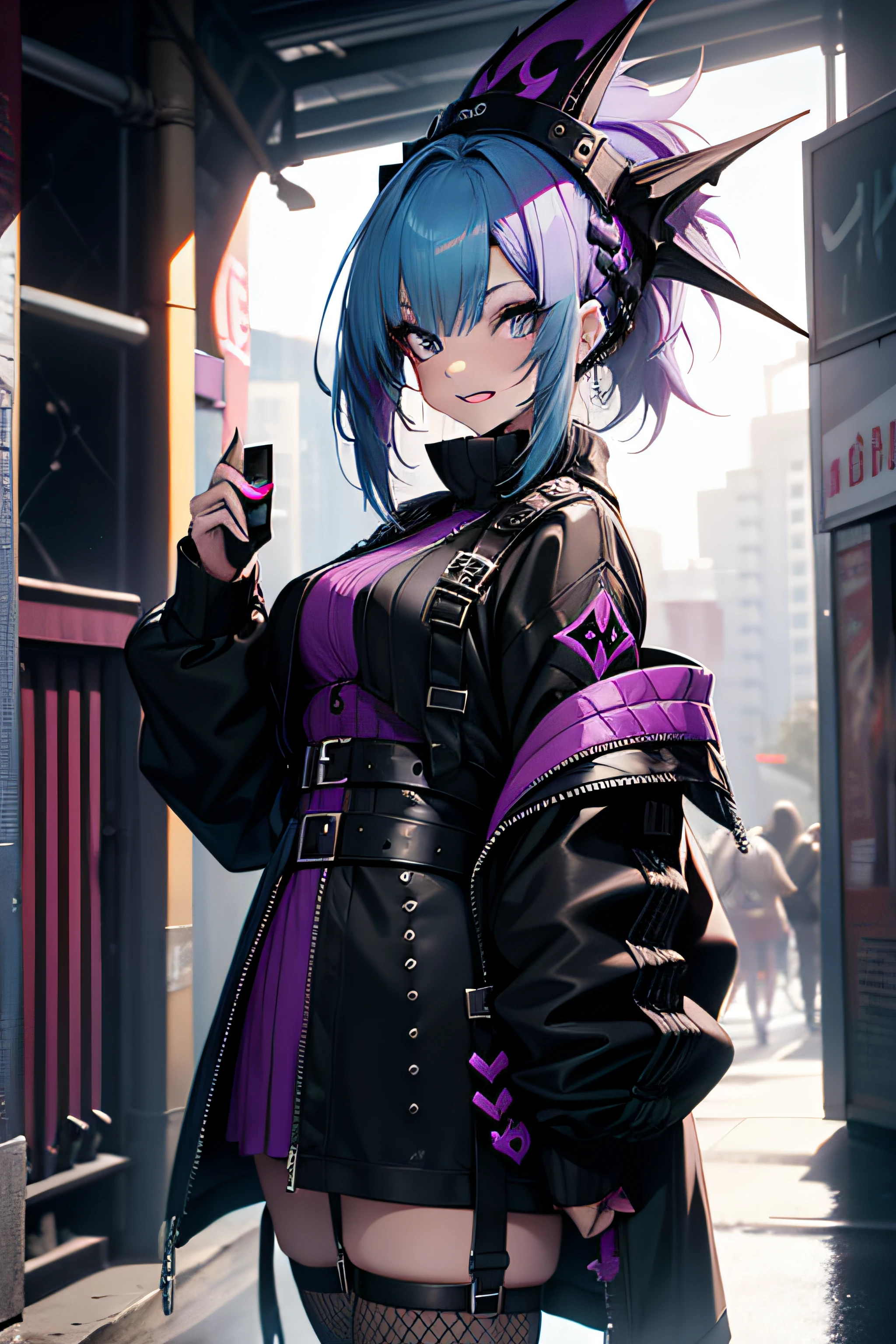 Young Girl, black lipstick, Cyan hair, purple strands in hair, Mohawk hairstyle behind a white wall, goth clothes, Blackletter Outfit, 4K, Fishnet stockings, smilling,