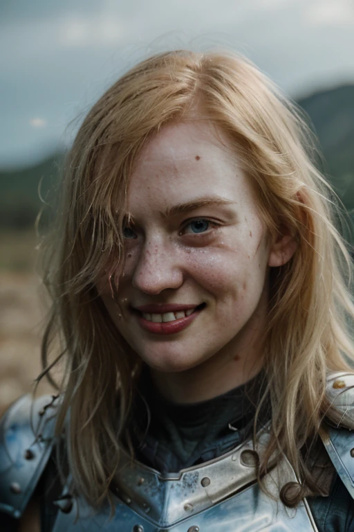 Ultra realistic photography of dbwl woman with many huge beauty marks on her natural clean pale white skin  ,    (medium shot:1) ,  (full body portrait:1.3), 
 (SFW),  (((wearing (bismuth) knight armor) )) , upper arms,  ((in frame)),

 ((fighting stance)), natural (  pale light blonde eyelashes) , blue eyes, 
 detailed Natural pale white skin  with (many huge round beauty marks) , smile, light pale blonde eyebrows,
 happy, clean cheeks,
detailed, subsurface scattering, natural light blonde,  high resolution, photograph, RAW photo, bismuth4rmor, [[sexy]],