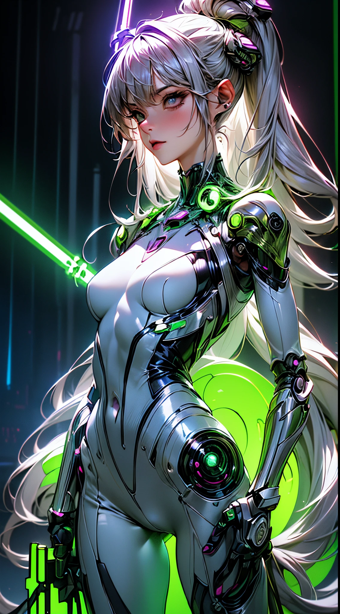 masterpiece, highest quality, (solo focus), (perfect face:1.1), (full body), (high detail:1.1), (hyper detailed eyes), dramatic, a woman with paleskin and long dark green hair, bright green eyes, solo, arrogant expression, neon cybernetic outfit, white background, art by artgerm, cinematic lighting, fashion, BalenciagaStyle
