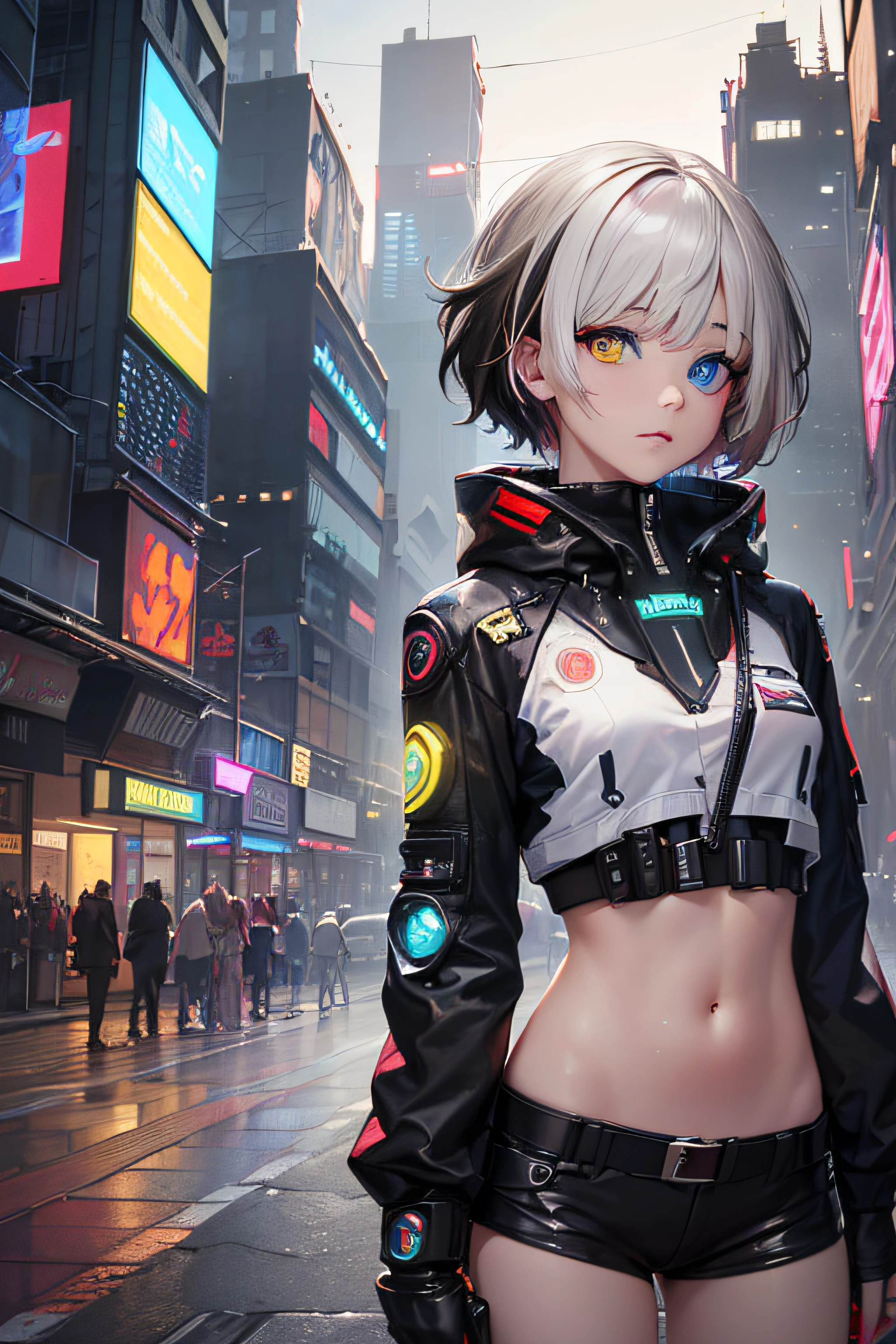 anime girl with carrier pack and (((white, yellow and grey uniform))) in the city, (((side head shaved ))) high hip strings, optic fiber filaments, , cyberpunk accesories, high ponytail with neon thin wires, ((neon wires on hair)) , silver metal, City neon ligths on him, girl on spotligth, almost dark figure with ligths hiting her body on eyes, very dark ambient, break domain visuals, intense contrast colors, cyan, green, blue, brown, orange palette, cold tones, looking away, very serious attitude, punk attitude, punk body language, ligth particles, polution, grim world, sadness, radioactive city, gloom ambient, damage tubular structures, rusty tech, wet streets, crowded city, ((brilliant drones beetween skycrappers)) ((character take 60% of composition)) ((Hiper realistic 4K backgrounds)) (((futuristic car)))