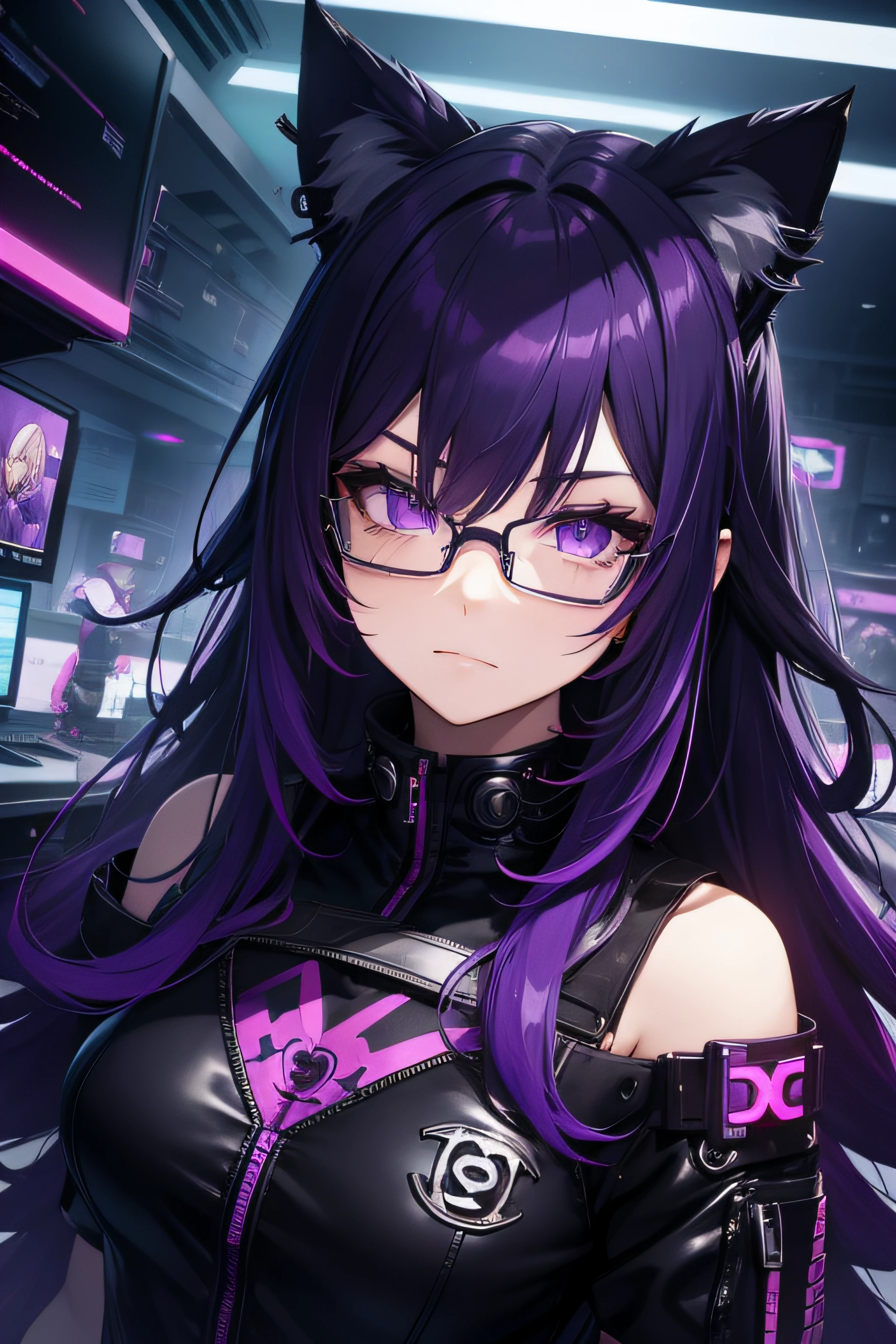 Cyberpunk Purple Girl Gamer, with glasseswith cat ears, shining purple eyes, Chanel black medium hair with purple tips
