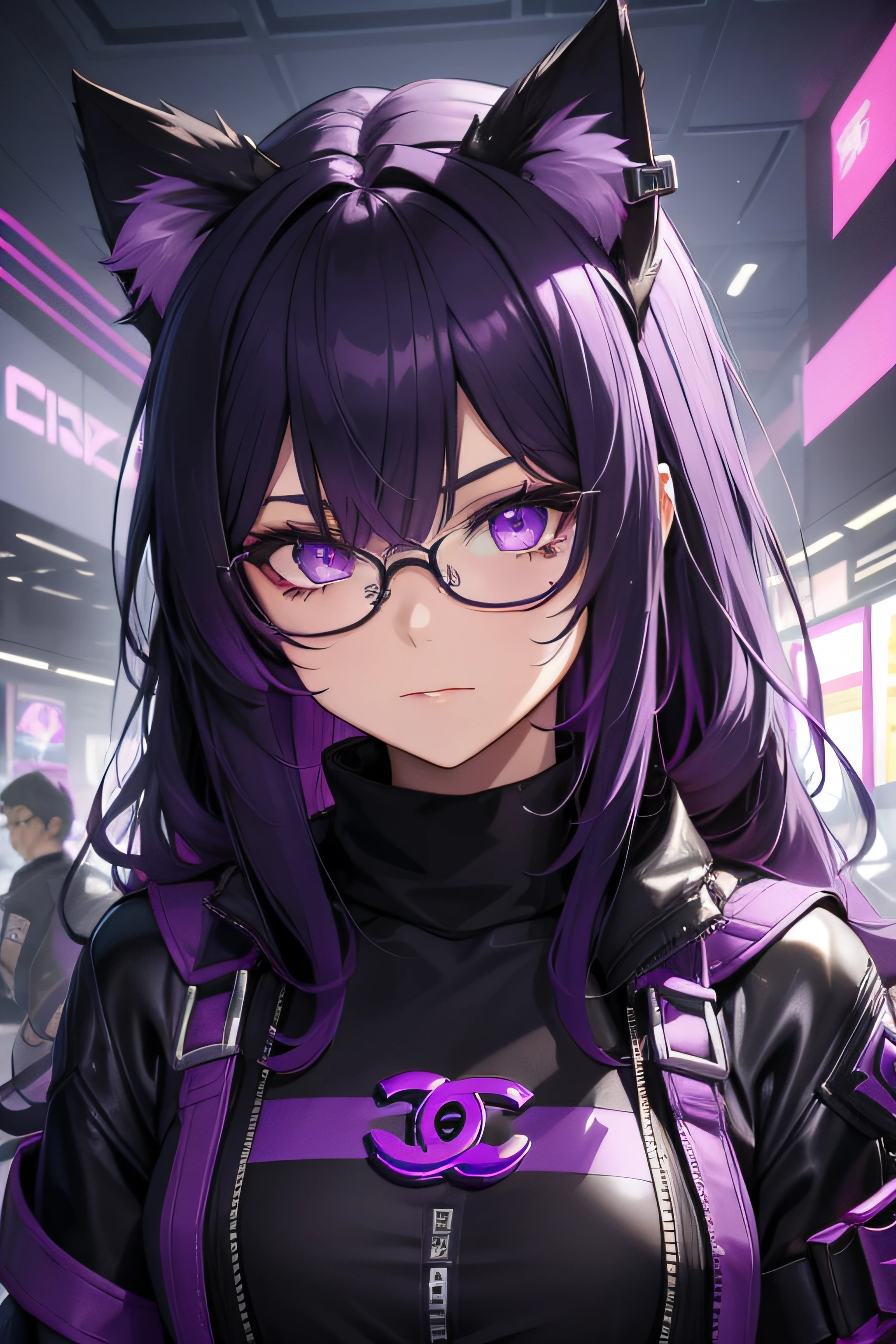 Cyberpunk Purple Girl Gamer, with glasseswith cat ears, shining purple eyes, Chanel black medium hair with purple tips