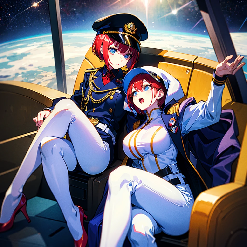 (((masterpiece)))、(((Top image quality)))、(((top-quality)))、(((Illustration of one woman)))、full bodyesbian、Red-haired shorthair、(Thin hair hanging down both sides of the face)、Blue eyes、(((neuter)))、a cool、((Tall))、(((Muscular and strong body)))、(((Muscular and strong body)))、((muscular and thick arms))、((muscular and thick legs))、(((manspreading)))、opening legs、((Military uniforms))、((Military Cap))、((Military coat))、(white clothes)、(White pants)、(White cap)、trench coat、((Inside the spaceship、Sitting in the captain's seat))、(Outside the window、kosmos、Earth seen from space、Spaceport)
