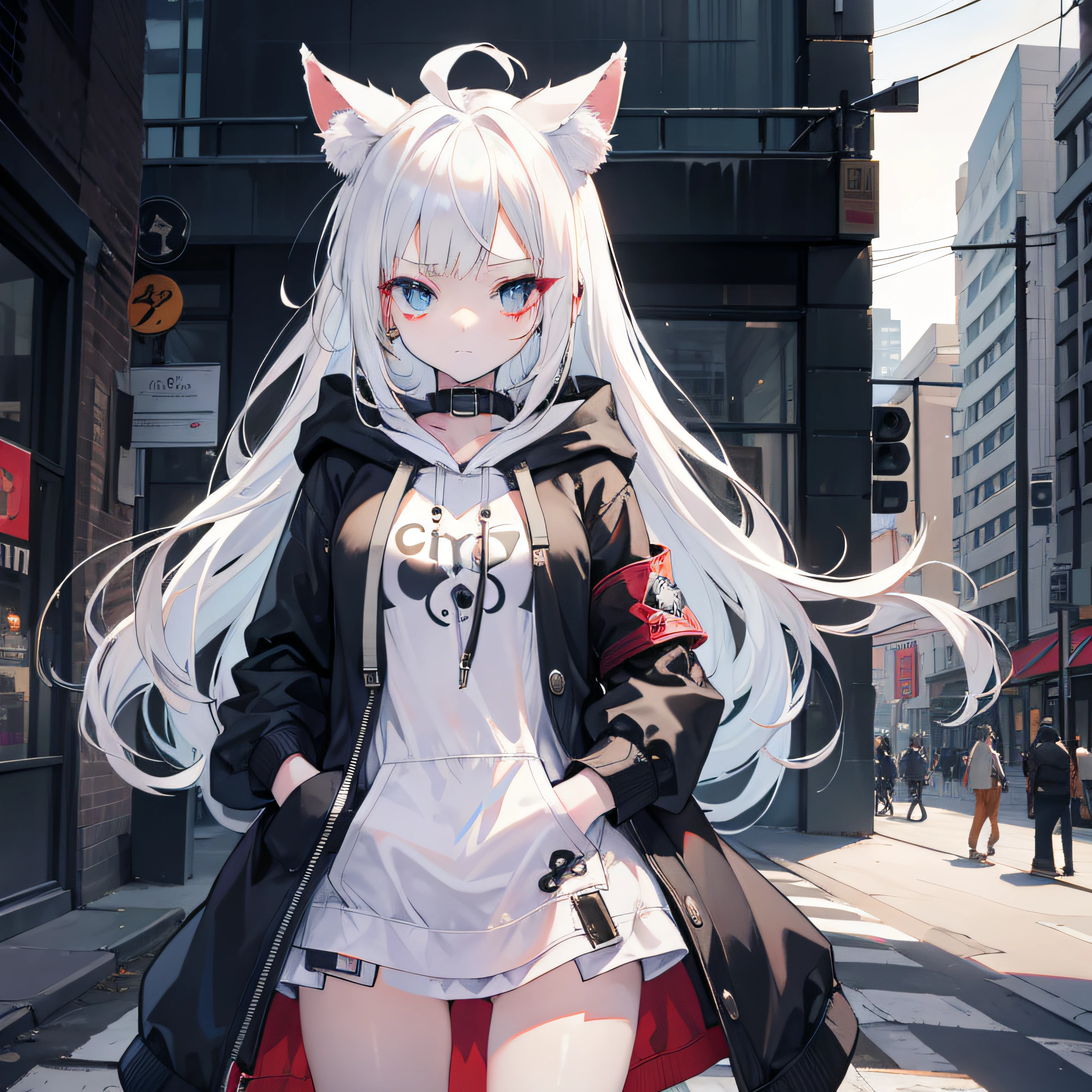 1girll, breasts in,stitched face, patchwork skin, Closed mouth, long_hair, expressionless face,city,Street, White hair, ,stitched_Face,Patchwork_skin,Cowboy Shot,( Hoodie),(hands on pockets),Open White Coat，Inside, She is wearing black short sleeves with a love motif，Cat's ears,Pirate Eye Patch