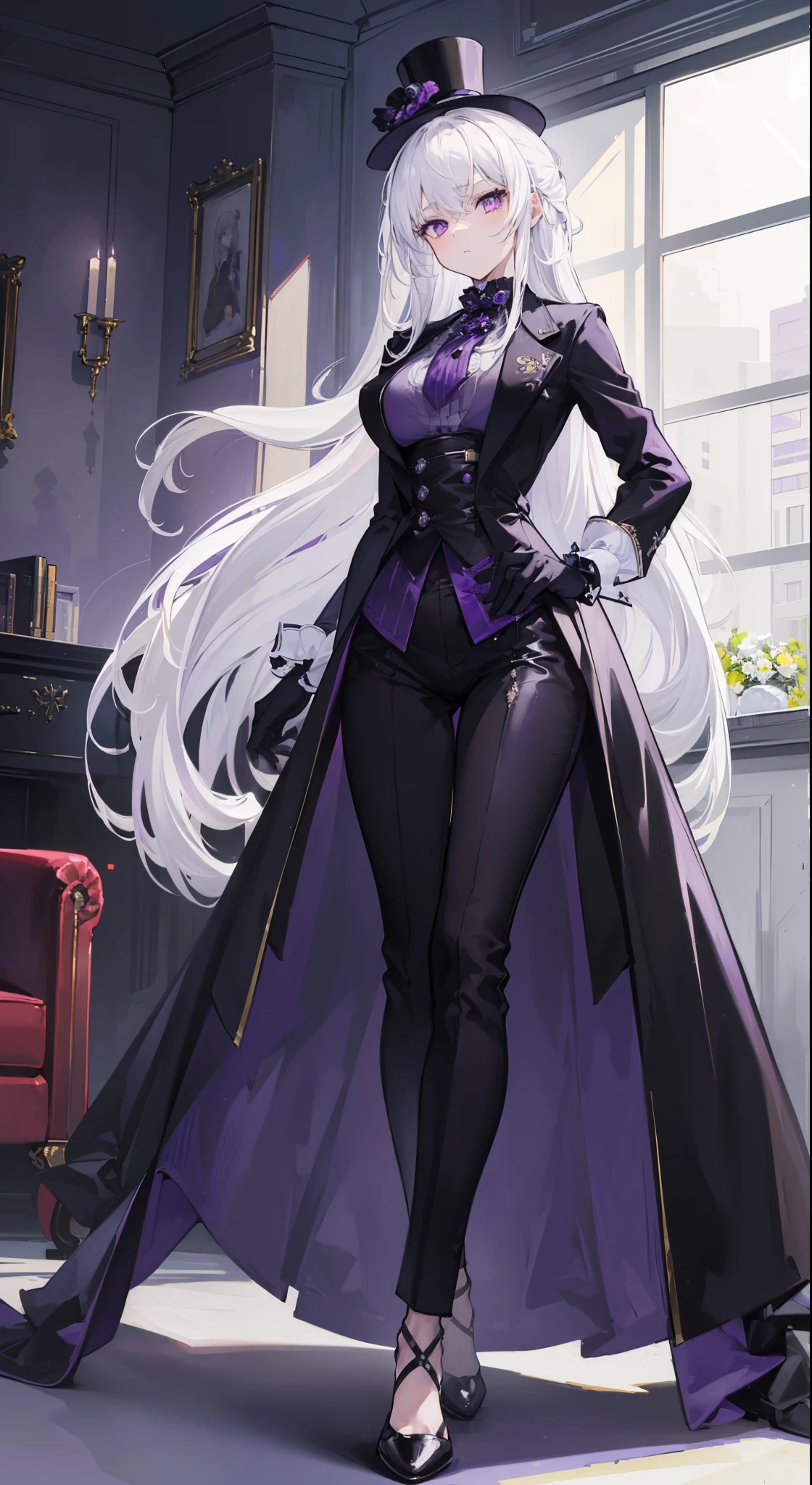 (masterpiece, best quality:1.2), illustration, 8k, hd, 1girl, solo, (((white hair, purple eyes,))) black coat, large breasts, black pants, indoors, arle suit, serious expression, tall, mature, elegant, black gloves, top hat, full body, from front, black shoes, long hair