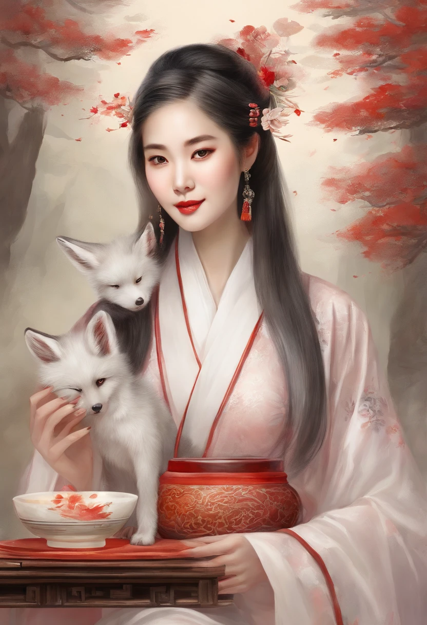 Beautiful Chinese girl gets high wearing Hanfu, Next to it is an elegant nine-tailed white fox. realist, low angle shot, and the light red and white tones used. The girl exudes confidence and strength, The fox exudes a charming and mysterious aura.teapot。teacup。high tea