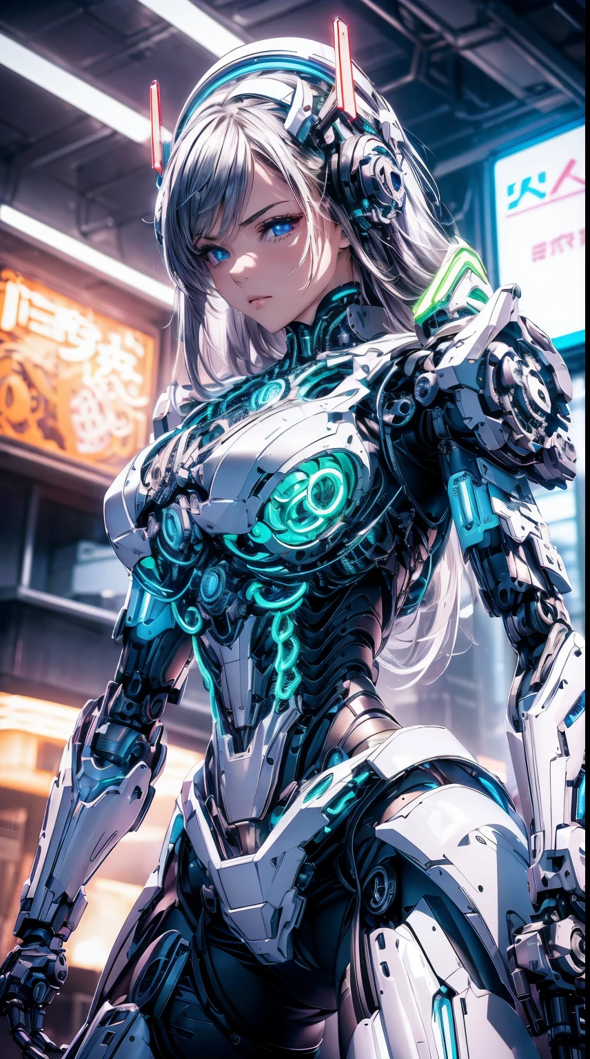 absurderes,(masterpiece、top-quality、8K ),intricate detailes,ultra-detailliert、1 Beautiful, And a woman of perfect proportions,(Machine Girl 1.3),Purple long hair,cleavage,Navel,Stomach,(Mechanical body,mechanical arms :1.4),(greenr&Silver metallic body:1.3),Neon Light Parts,Red glowing neon lights,Blue Glowing Neon Lights、Mechanical headgear ,(Cyberpunk ),(Fighting stance:1.2),Hyper realistic,Perfect Anatomy
