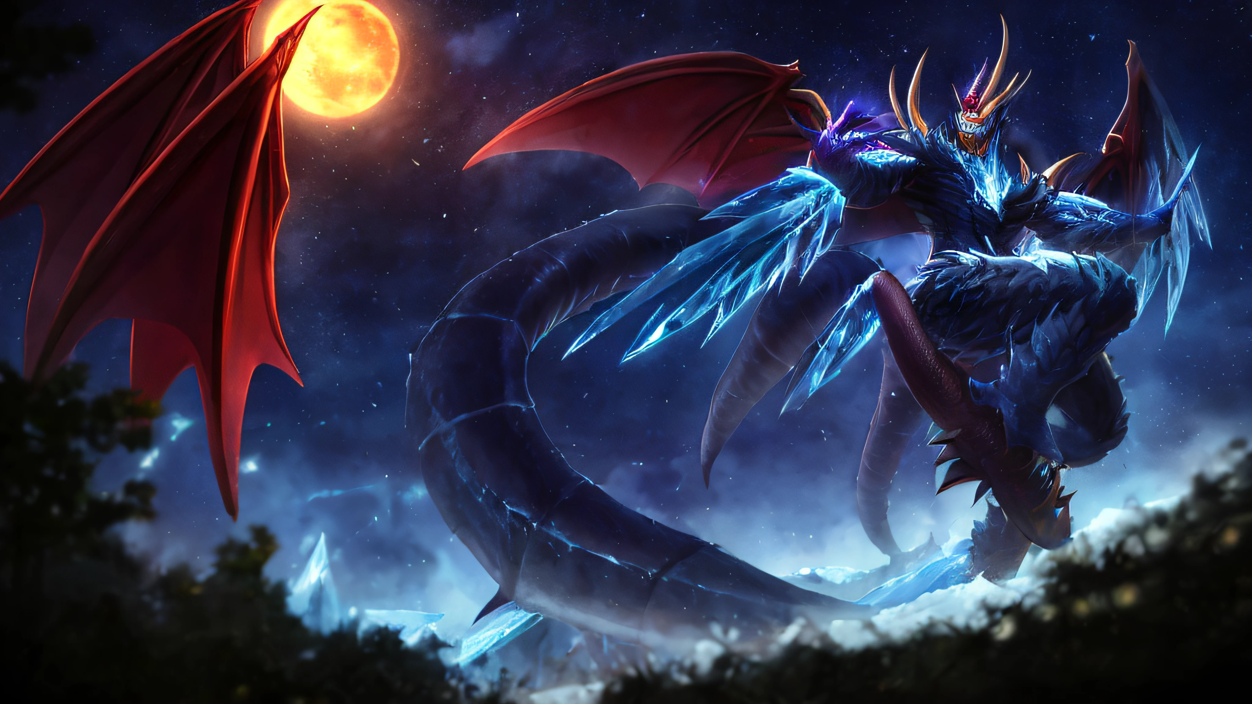 lol style, Art styles, Solo, Open_Mouth, Blue_Eyes, tail, arma, Outdoors, Wings, skyporn, 牙, Sword, Blurry, from a_Side, tree, No_The human, Night, blazing, 牙, sharp_牙, blazing_Eyes, Toenails, Flying, Kaiju, Ice, Blue_theme, krystal, shenron, duel_Kaiju, multiple_Wings, heels, Spread_Wings