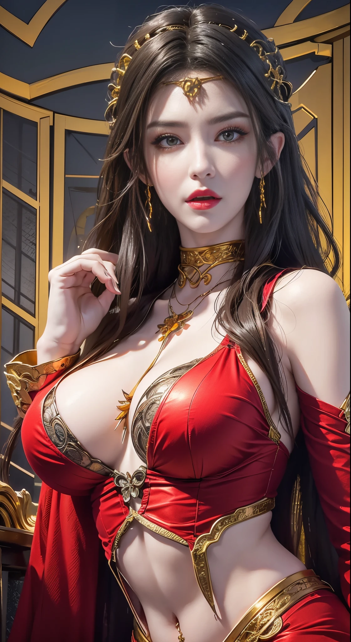 realisticlying, A high resolution, 1人の女性, hip-up, pretty eyes, long whitr hair, eye socket, jewely, Medusa, dress in yellow,huge boob