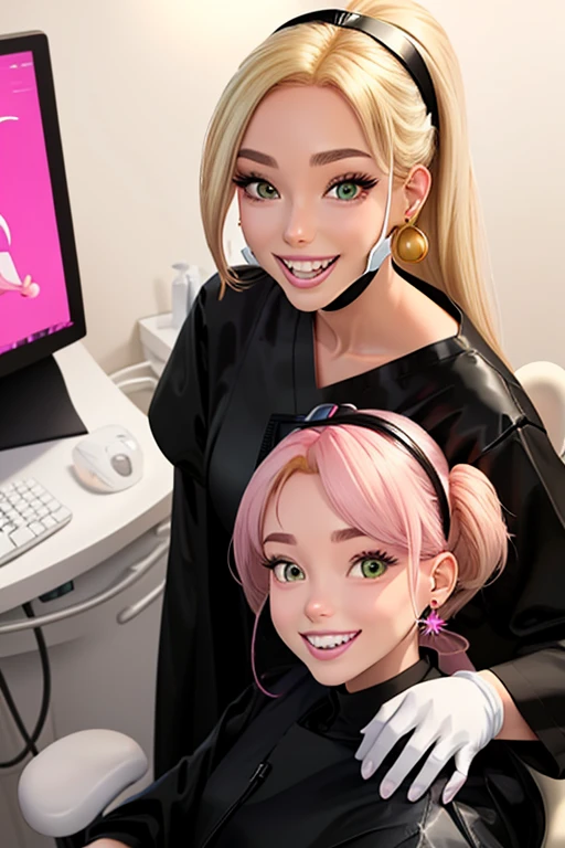 Disney Pixar cartoon character blonde dentist smiling green eyes black dress white coat and black dental mask golden earrings in dental office decorated with teeth and pink invisalign chair