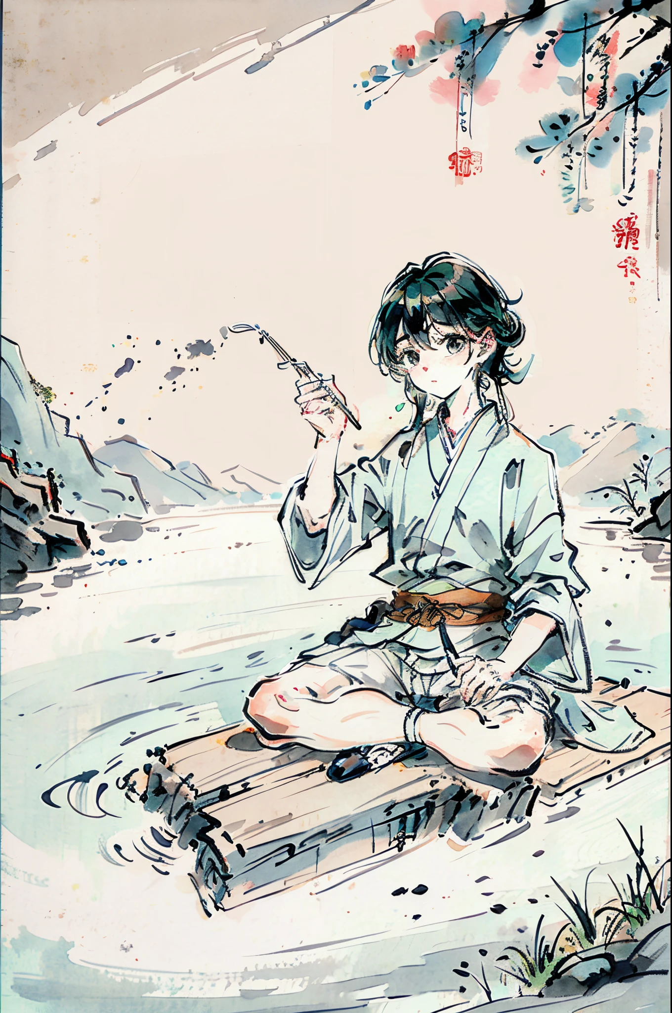 （Best masterpiece），8K，A little boy with messy hair，（Wearing Hanfu），（Fishing rod in hand：1.6），Sitting sideways by the river fishing，Green grass covers his body，He looked at the passers-by，Put your index finger to your lips，make a quiet gesture，Decorative painting：1.6， illuminations，Ink painting and watercolor，ink，water ink，shuimobysim，中景 the scene is，wide angles，chinese paintings，ink and watercolor painting，
