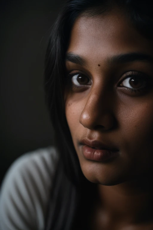 (close-up, editorial photograph of a 21 year old Indian woman), (highly detailed face:1.4) (smile:0.7) (background inside dark, moody, private study:1.3) POV, by lee jeffries, nikon d850, film stock photograph ,4 kodak portra 400 ,camera f1.6 lens ,rich colors ,hyper realistic ,lifelike texture, dramatic lighting , cinestill 800,