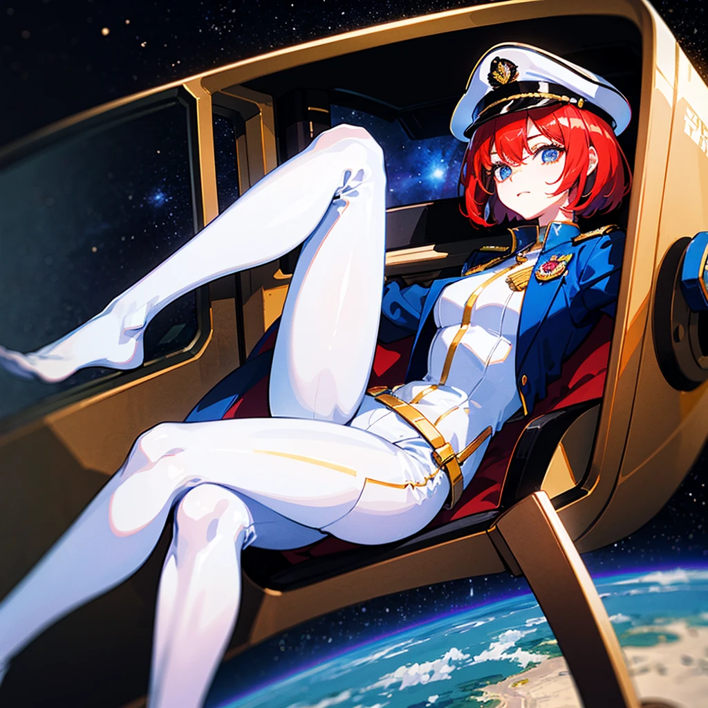 （（（​masterpiece）））、（（（Top image quality）））、（（（top-quality）））、（Illustration of one woman）、full bodyesbian、（（25-years old））、Red-haired shorthair、（Thin hair hanging down both sides of the face）、Blue eyes、（（neuter））、（（Tall））、（（Muscular and strong body））、abdominals、（（muscular and thick arms））、（（muscular and thick legs））、（（manspreading））、opening legs、（（Military uniforms））、（（Military Cap））、（（Military coat））、（white  clothes）、（White pants）、（White cap）、trench coat、（（Inside the spaceship、Sitting in the captain's seat））、（Outside the window、kosmos、Earth seen from space、Spaceport）