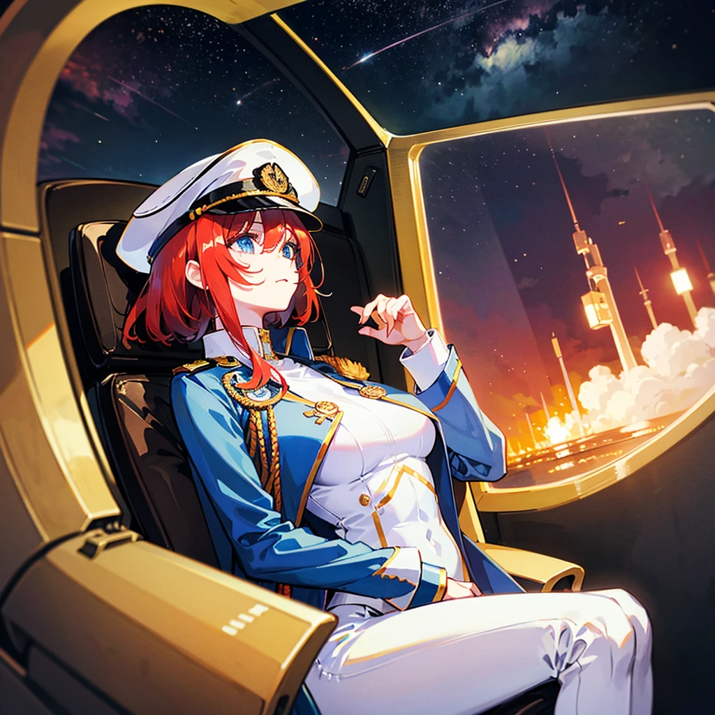 (((masterpiece)))、(((Top image quality)))、(((top-quality)))、(((Illustration of one woman)))、full bodyesbian、Red-haired shorthair、(Thin hair hanging down both sides of the face)、Blue eyes、(((neuter)))、(30-years old)、((Tall))、(((Muscular and strong body)))、(((Muscular and strong body)))、((muscular and thick arms))、((muscular and thick legs))、(((manspreading)))、opening legs、((Military uniforms))、((Military Cap))、((Military coat))、(white clothes)、(White pants)、(White cap)、trench coat、((Inside the spaceship、Sitting in the captain's seat))、(Outside the window、kosmos、Earth seen from space、Spaceport)