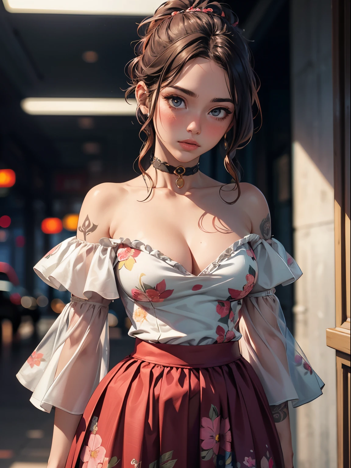 (best quality, masterpiece), 1girl, 25 years old, cleavage, tattoos, intricate details, off shoulder, skirt, choker, frills, see-through, looking at viewer, blush, upper body, blurry background, floral print, contrapposto