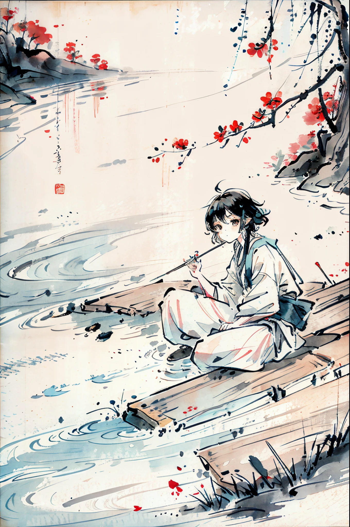 (Best masterpiece),8K,A with messy hair,(Wearing Hanfu),(Fishing rod in hand:1.6),Sitting sideways by the river fishing,He looked at the passers-by,Put your index finger to your mouth,make a quiet gesture,Decorative painting:1.6, illuminations,Ink painting and watercolor,ink,water ink,shuimobysim,中景 the scene is,wide angles,chinese paintings,ink and watercolor painting,