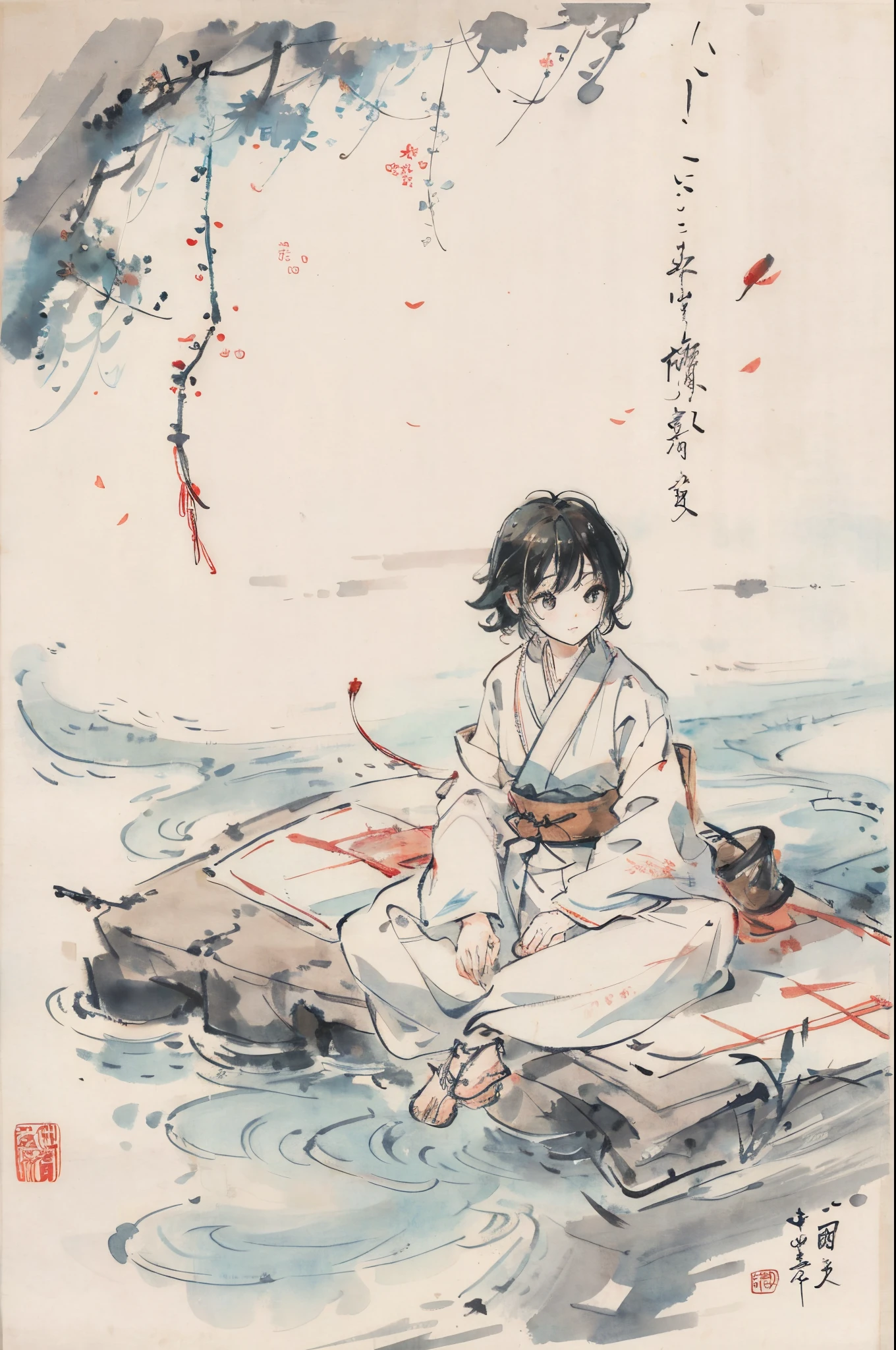 （Best masterpiece），8K，A little boy with messy hair，（Wearing Hanfu），（Fishing rod in hand：1.6），Sitting sideways by the river fishing，He looked at the passers-by，Put your index finger to your mouth，make a quiet gesture，Decorative painting：1.6， illuminations，Ink painting and watercolor，ink，water ink，shuimobysim，中景 the scene is，wide angles，chinese paintings，ink and watercolor painting，