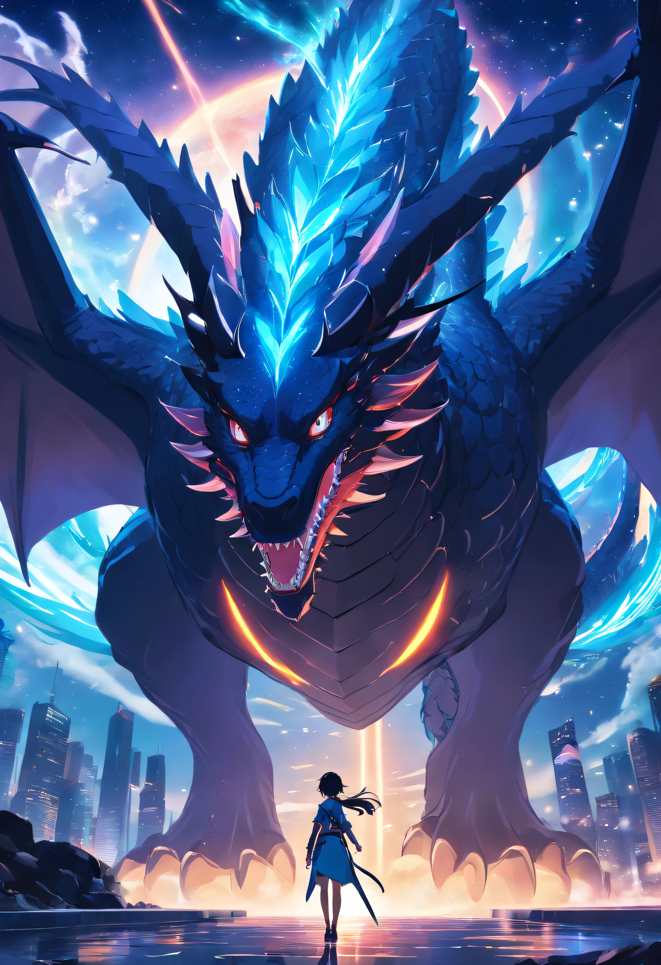 Close-up of black dragon, Deep, Bright blue eyes, winged, planets on the background, epic fantasy sci fi illustration, epic fantasy digital art style, Dark colors are mainly black and blue, epic scifi fantasy art, 4K fantasy art, Amazing Space Creature 4 K, Fantasy Planet, wide angle fantasy art, 8k fantasy art, concept art wallpaper 4k, epic fantasy illustration, epic fantasy digital art, Stunning 8K artwork