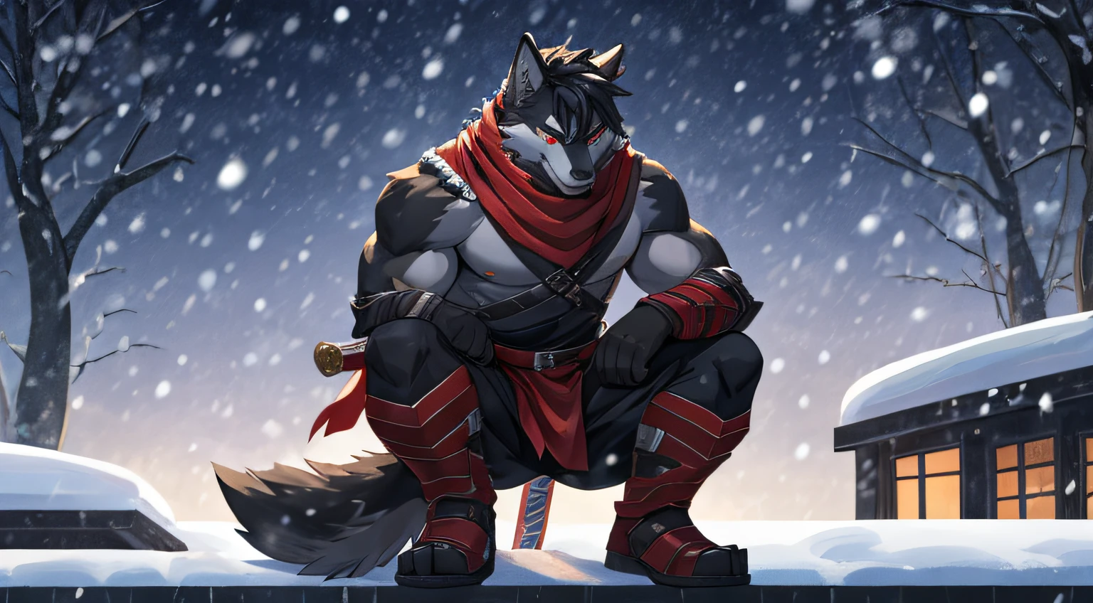furry,bara,Male wolf,black haired,Black body hair,Red Eyes,Put on ninja armor,wearing a red scarf,Squatting on the roof,His right hand held a long sword..,yam'snowfall,Behind there is snow.