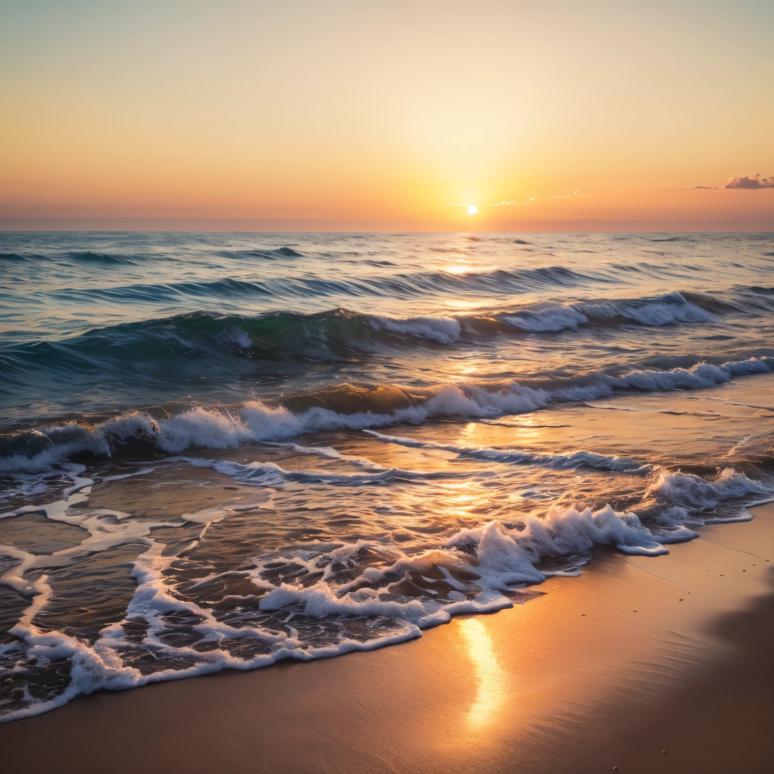 (best quality,highres:1.2),ultra-detailed,realistic:1.37,photography,colorful sunrise,serene seascape,golden hues,splashing waves,tranquil atmosphere,ocean horizon,glistening water,sunlight reflections,calmness,peaceful experience,stillness,harmony,gentle breeze,,smooth sand,uninterrupted view,serenity.