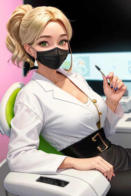 Disney Pixar cartoon character dentist 45 years old blonde medium hair smiling green eyes black dress white coat and black dental mask gold earrings in dental office decorated with teeth and pink invisalign chair