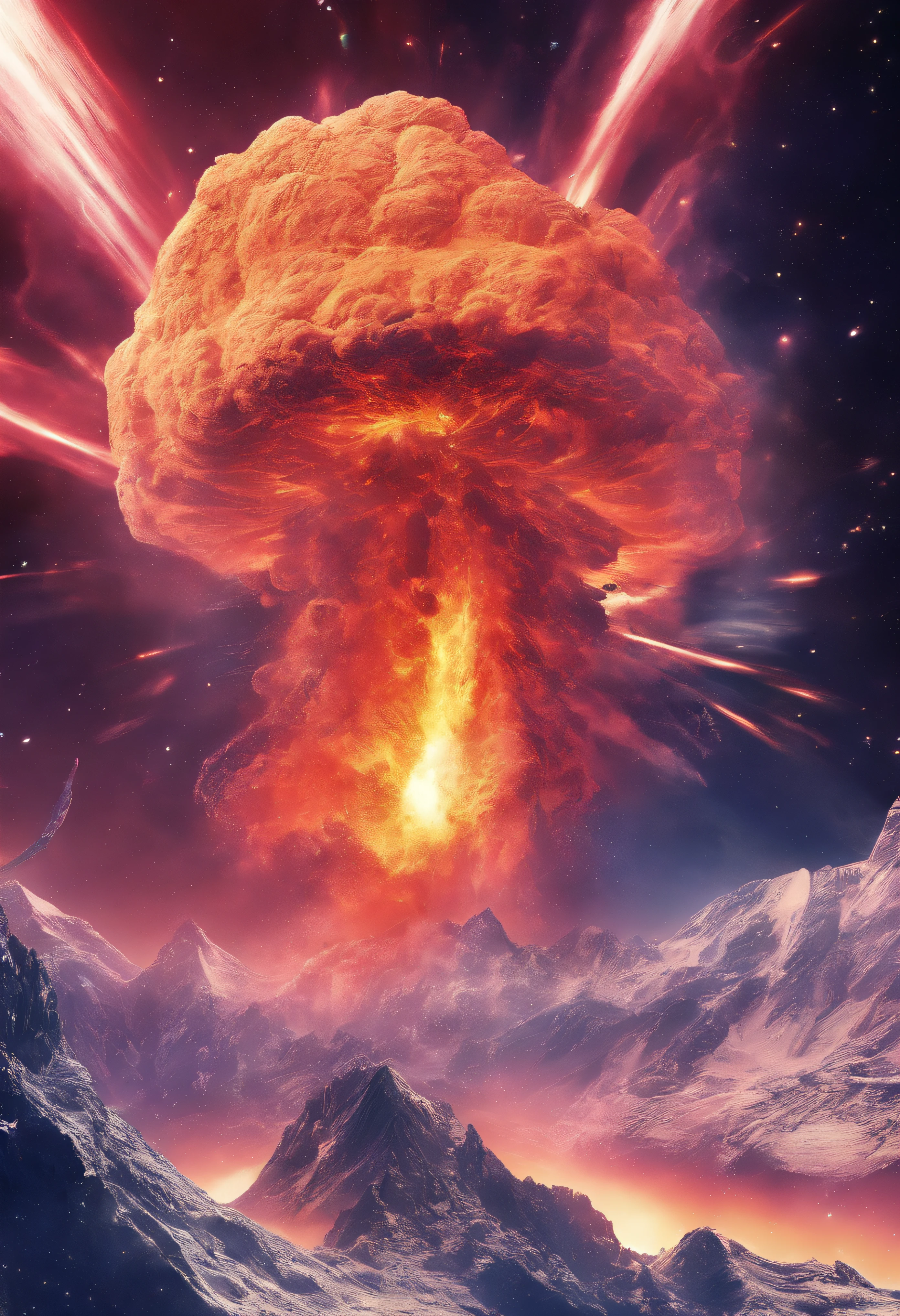 Exploding volcano，magma splash，giant flying saucer inside a crater，super-fine，Works of masters，The highest image quality，ultraclear，8K分辨率