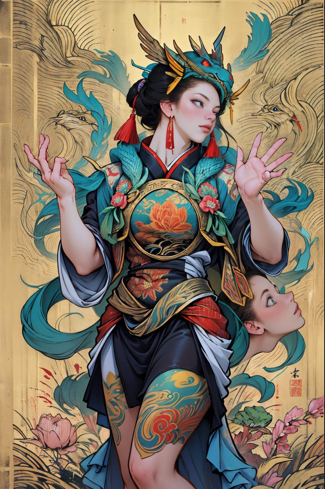 Depicts the ancient goddess of creation，Nuwa is the goddess with human body and snake tail（snake tail：1.6）（Chinese mythology）。This is a great goddess image handed down from the matrilineal clan period in primitive society.。Deep background，hoang lap，marvelous and unbelievable，Epic work，(Complicated details，hyper-detailing:1.2)，ultra real photo, Epic reality, ((com cores neutras)),(pastel colour:1.2), hyper realisitc, + Cinema lenses + dynamic compositions, The is very detailed, Sharpen, Cinematic, warmly lit, Light effect, Dramatic light, (Complicated details:1.1), the complex background, (greg rutkovsky:0.8),Full body photo，Fly in the sky，Chinese mythology，