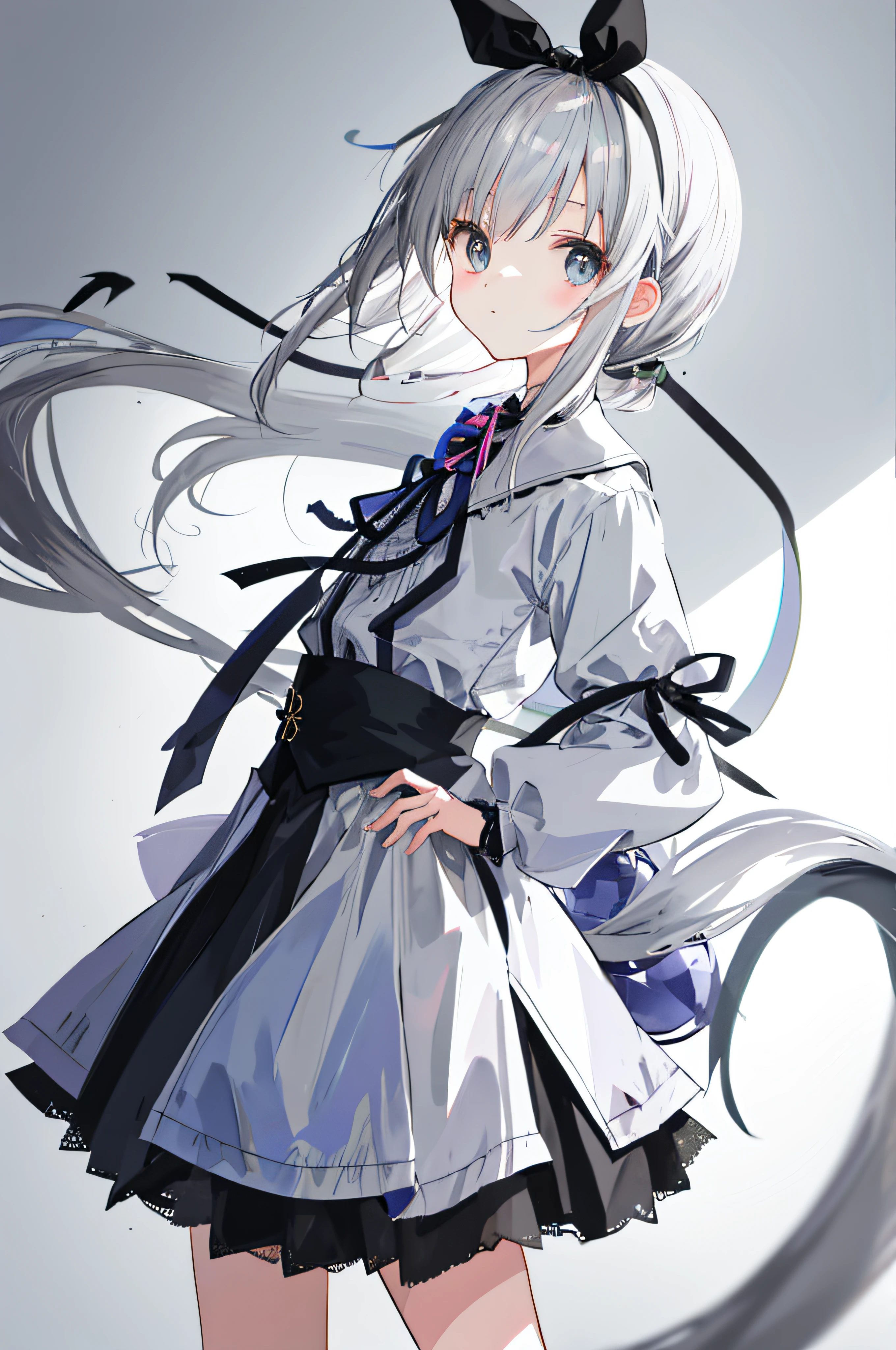 animesque, Petite girl, Gray hair, Hair Ribbon, Side tail